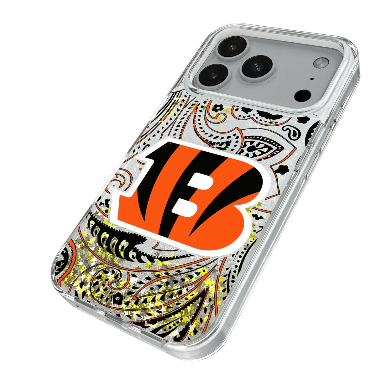 Cincinnati Bengals Paisley iPhone Glitter Phone Case for Apple iPhone - Isometric View#Device_iPhone 18 Pro