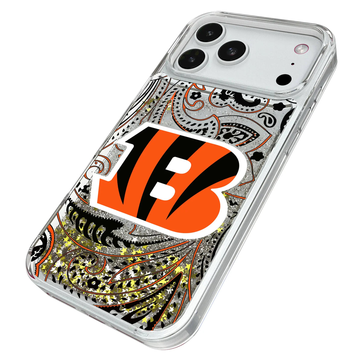 Cincinnati Bengals Paisley iPhone Glitter Phone Case for Apple iPhone - Isometric View#Device_iPhone 18 Pro Max