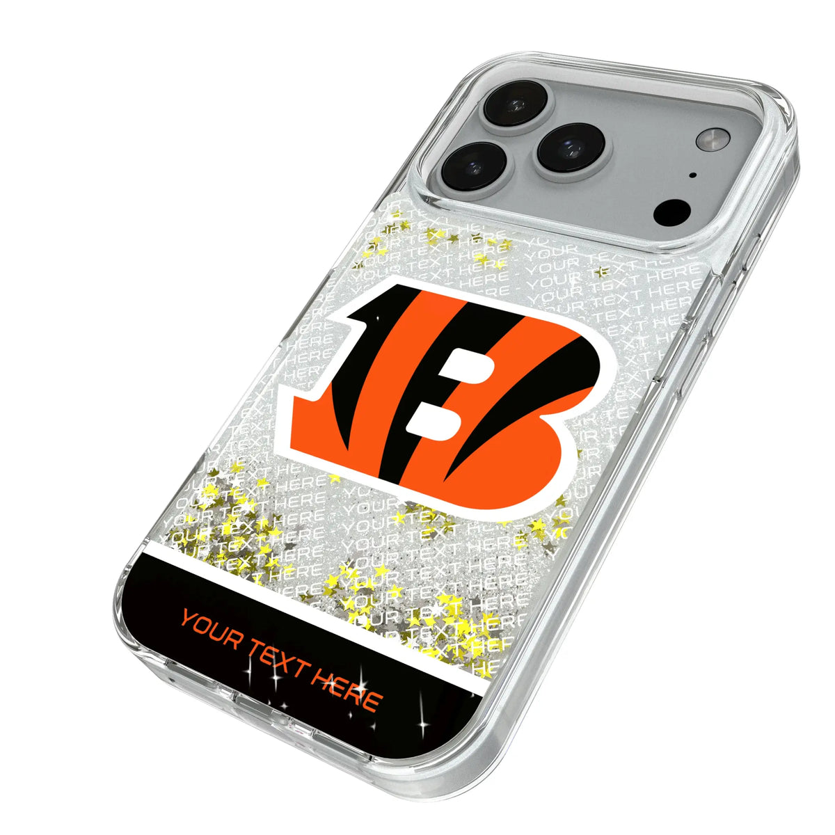 Cincinnati Bengals Personalized EndZone Plus iPhone Glitter Phone Case for Apple iPhone - Isometric View#Device_iPhone 18 Pro