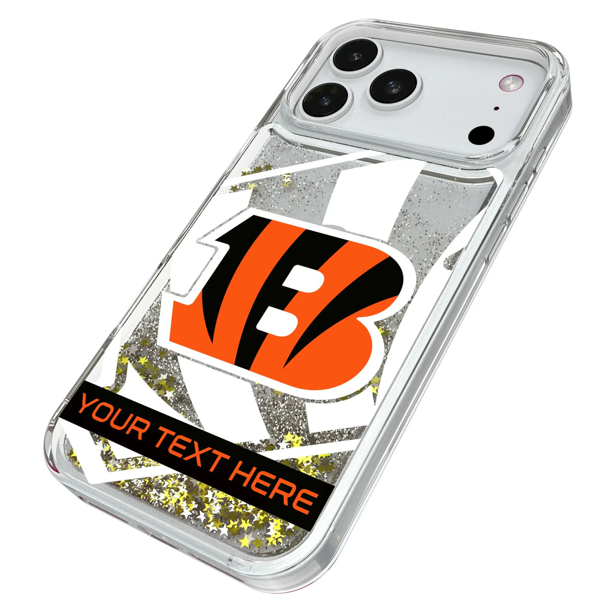 Cincinnati Bengals Personalized Tilt iPhone Glitter Phone Case for Apple iPhone - Isometric View#Device_iPhone 18 Pro Max