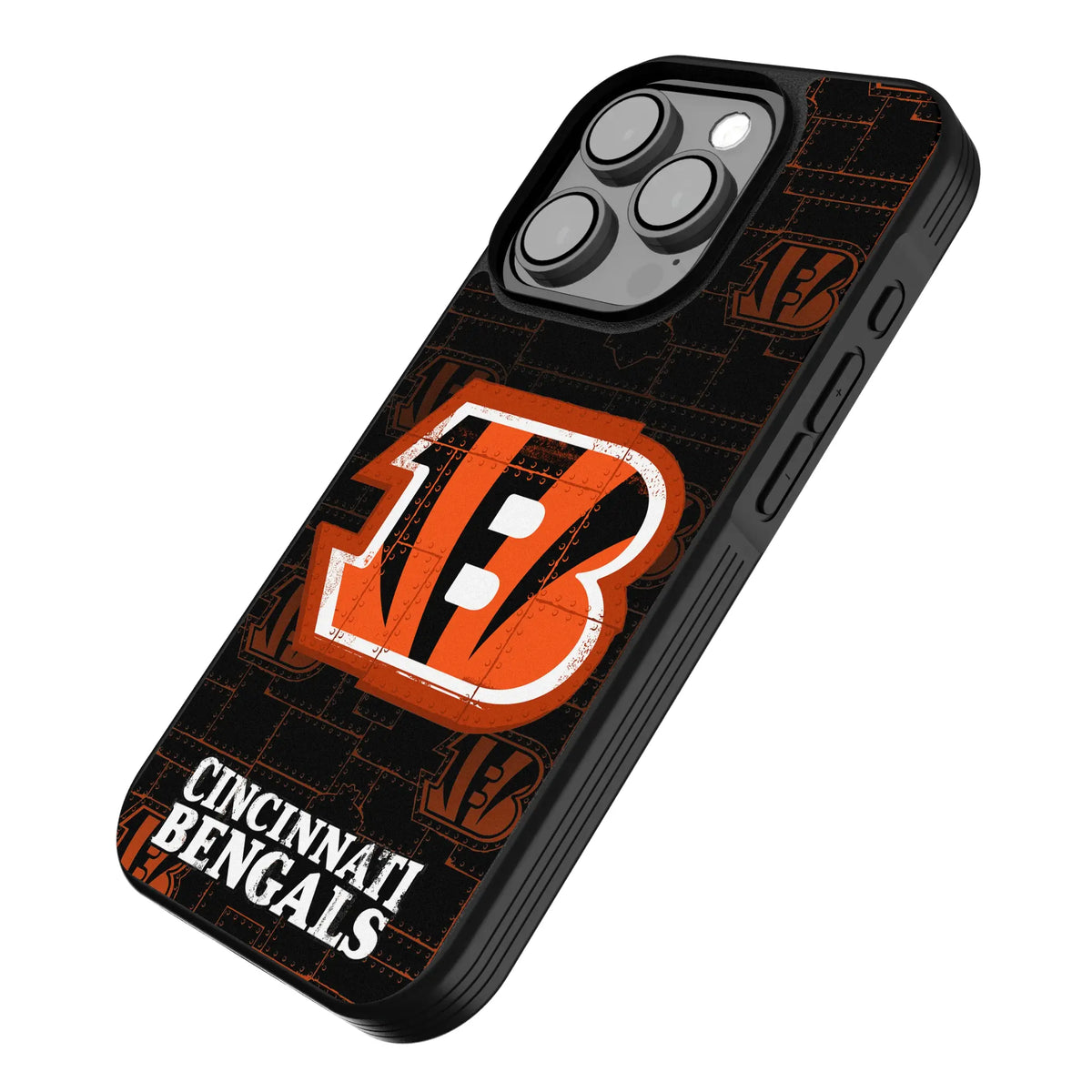 Cincinnati Bengals Rivet iPhone Bump Phone Case for Apple iPhone - Isometric View#Device_iPhone 15 Pro