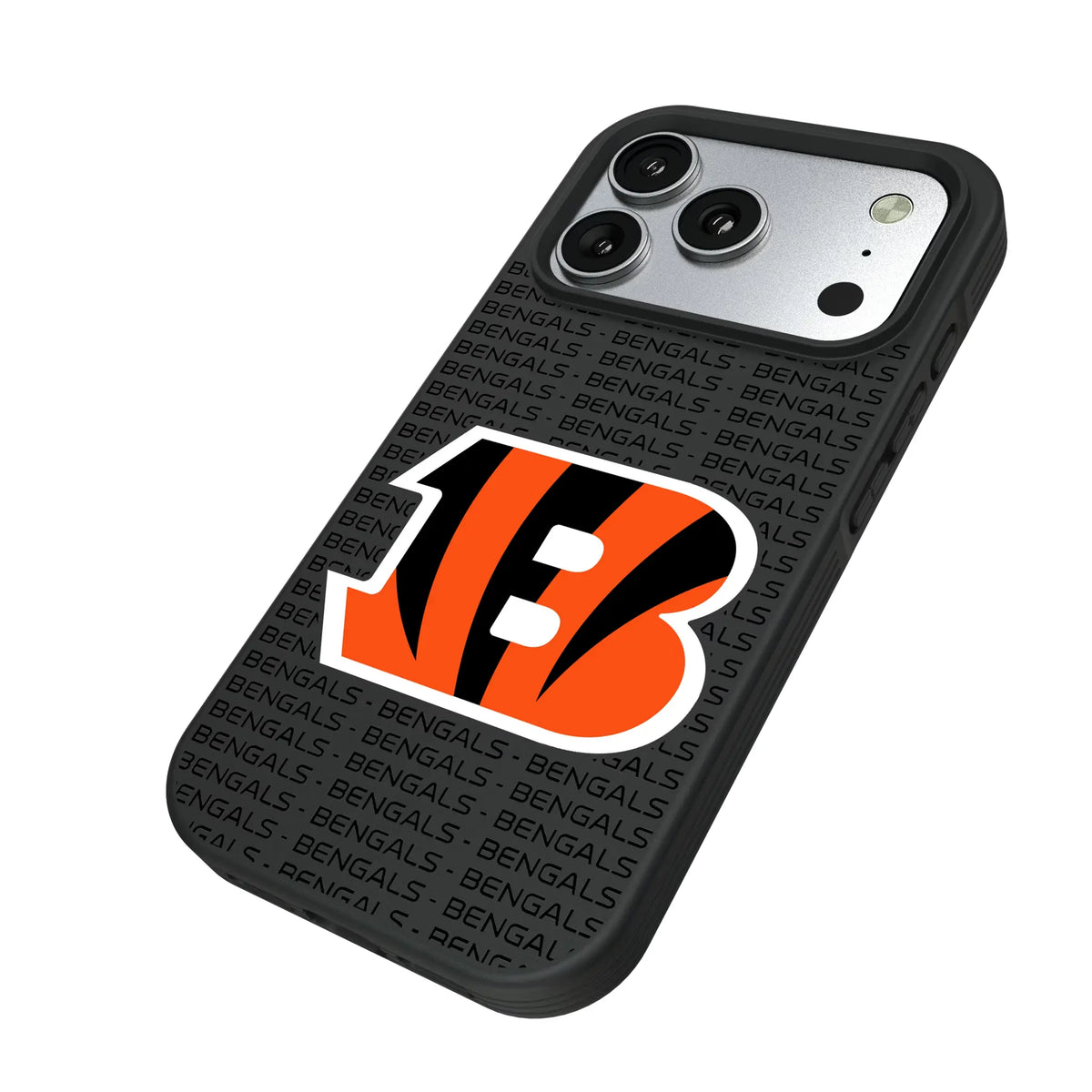 Cincinnati Bengals Text Backdrop iPhone Bump Phone Case for Apple iPhone - Isometric View#Device_iPhone 17 Pro