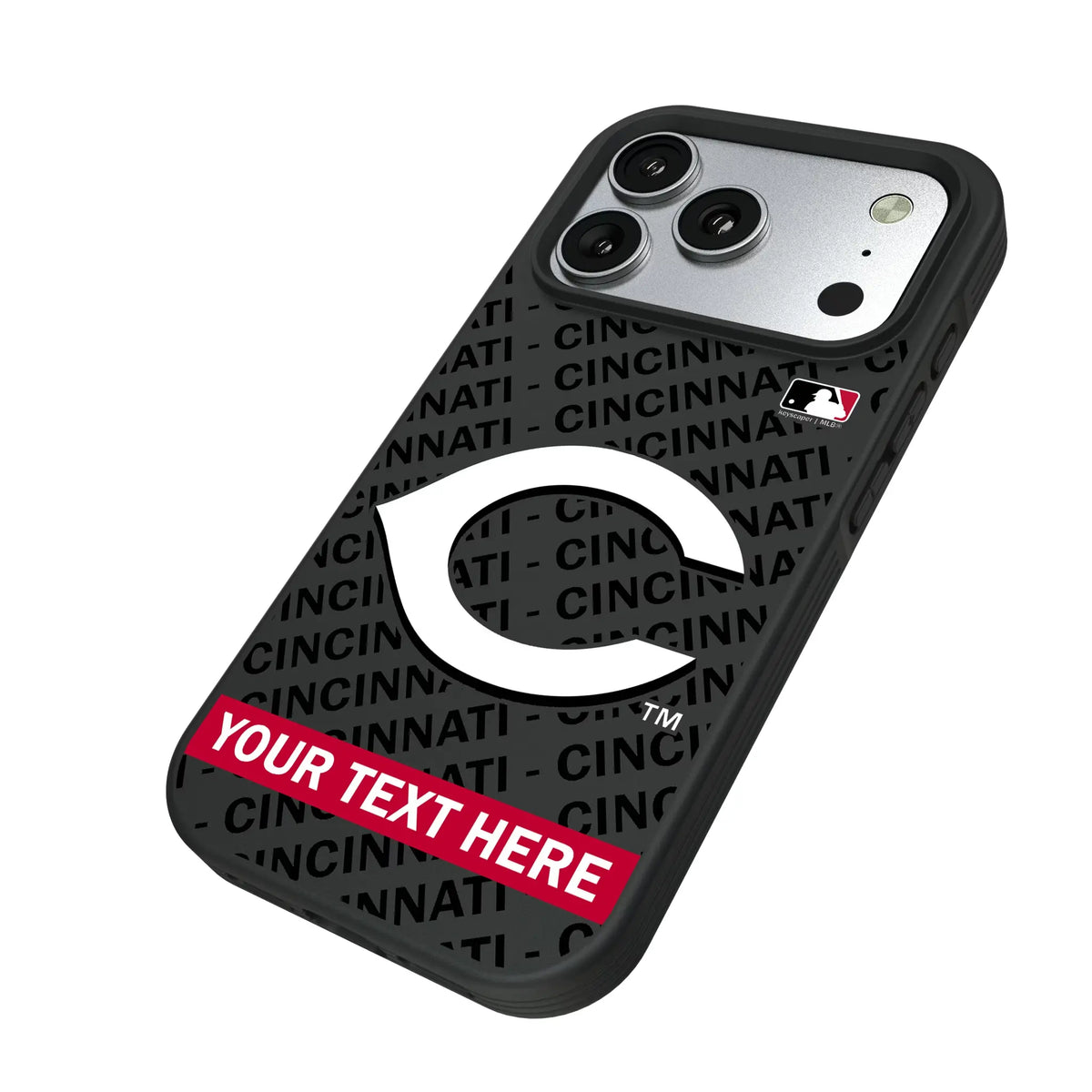 Cincinnati Reds Personalized Tilt iPhone Bump Phone Case for Apple iPhone - Isometric View#Device_iPhone 17 Pro