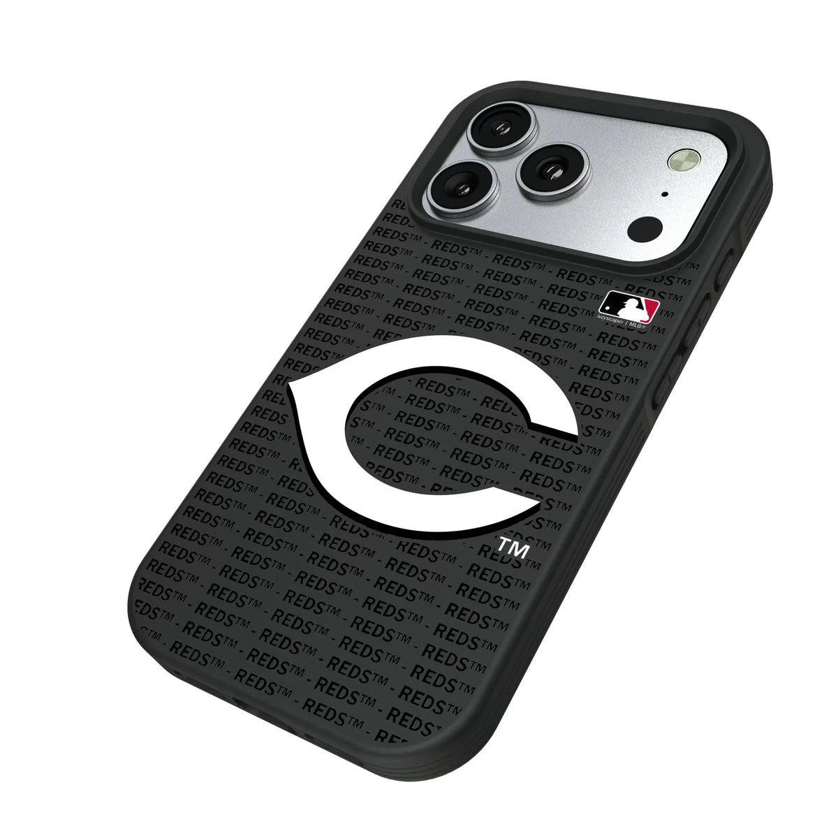 Cincinnati Reds Text Backdrop iPhone Bump Phone Case for Apple iPhone - Isometric View#Device_iPhone 17 Pro