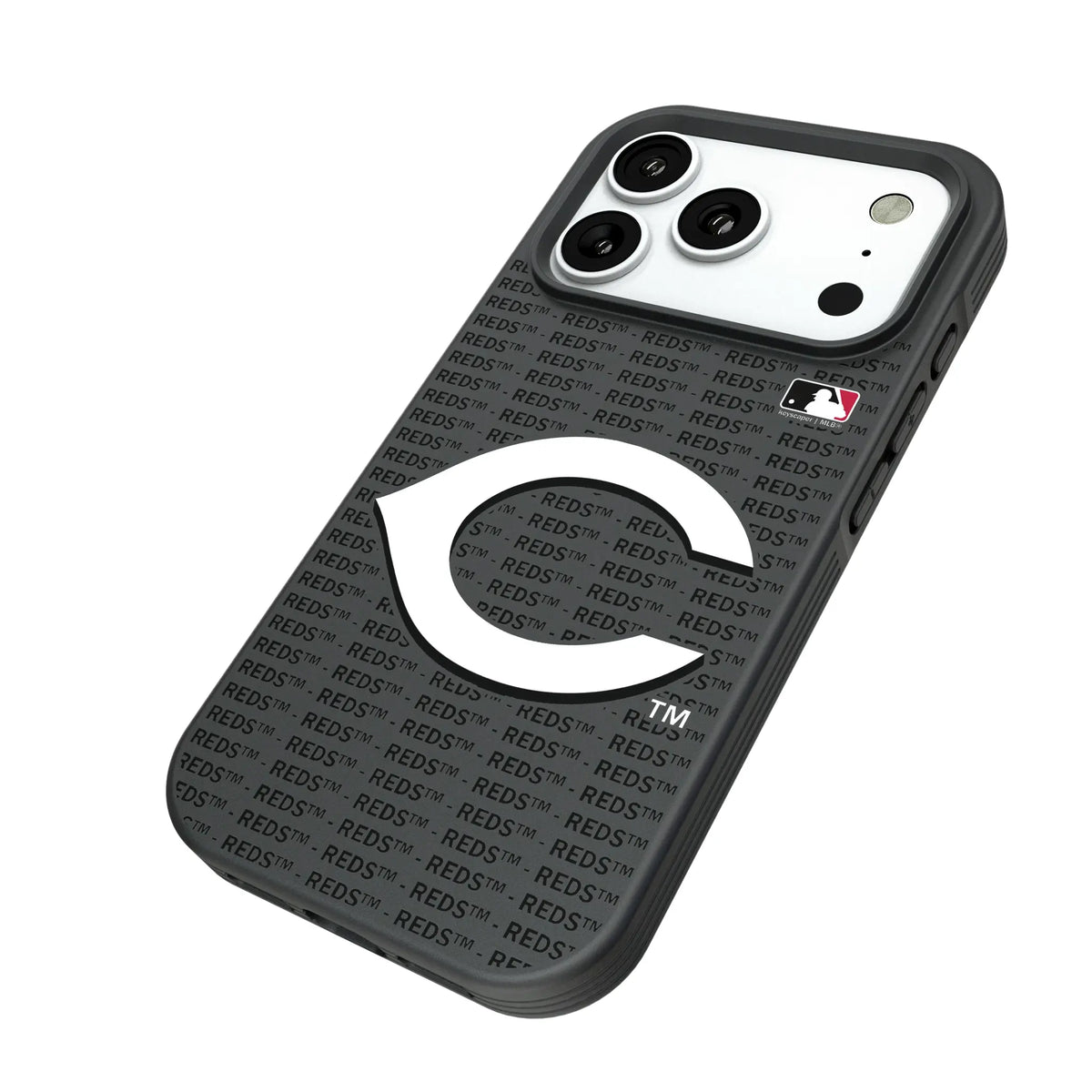 Cincinnati Reds Text Backdrop iPhone Bump Phone Case for Apple iPhone - Isometric View#Device_iPhone 18 Pro