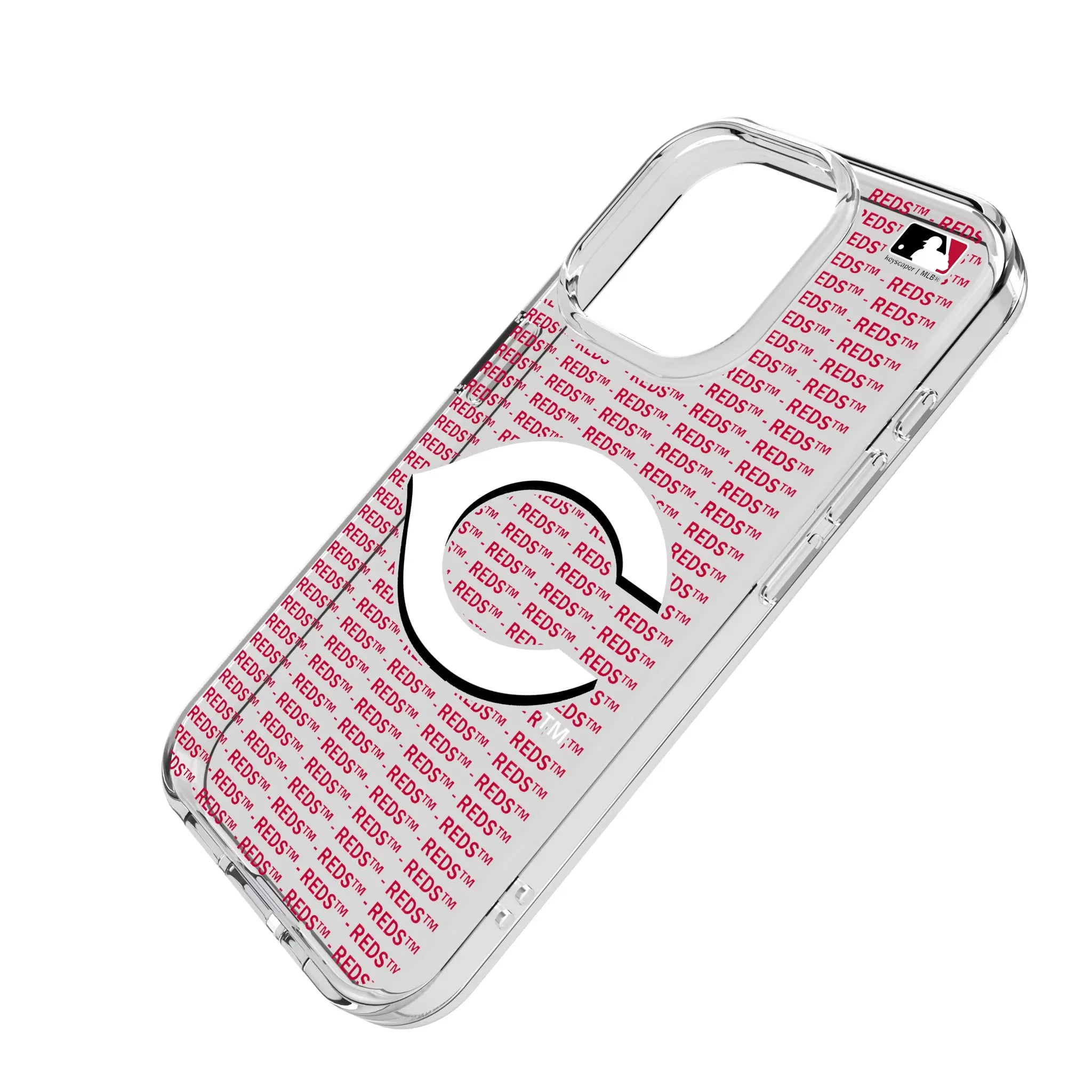 Cincinnati Reds Text Backdrop iPhone Clear Phone Case for Apple iPhone - Isometric View