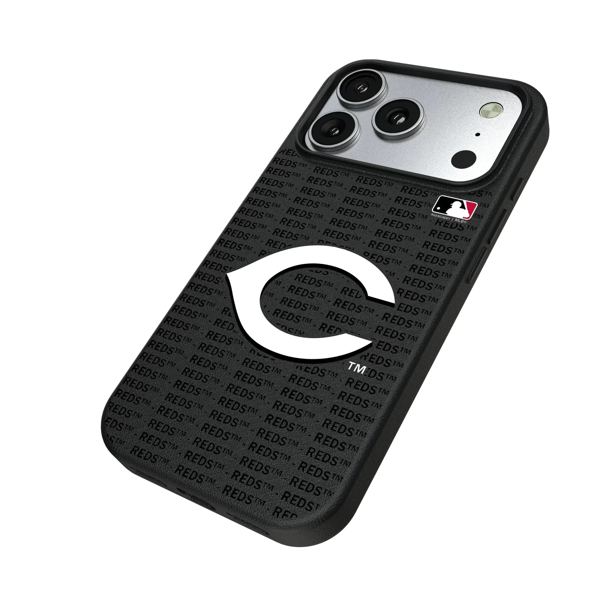 Cincinnati Reds Text Backdrop iPhone MagSafe Compatible Phone Case for Apple iPhone - Isometric View#Device_iPhone 17 Pro