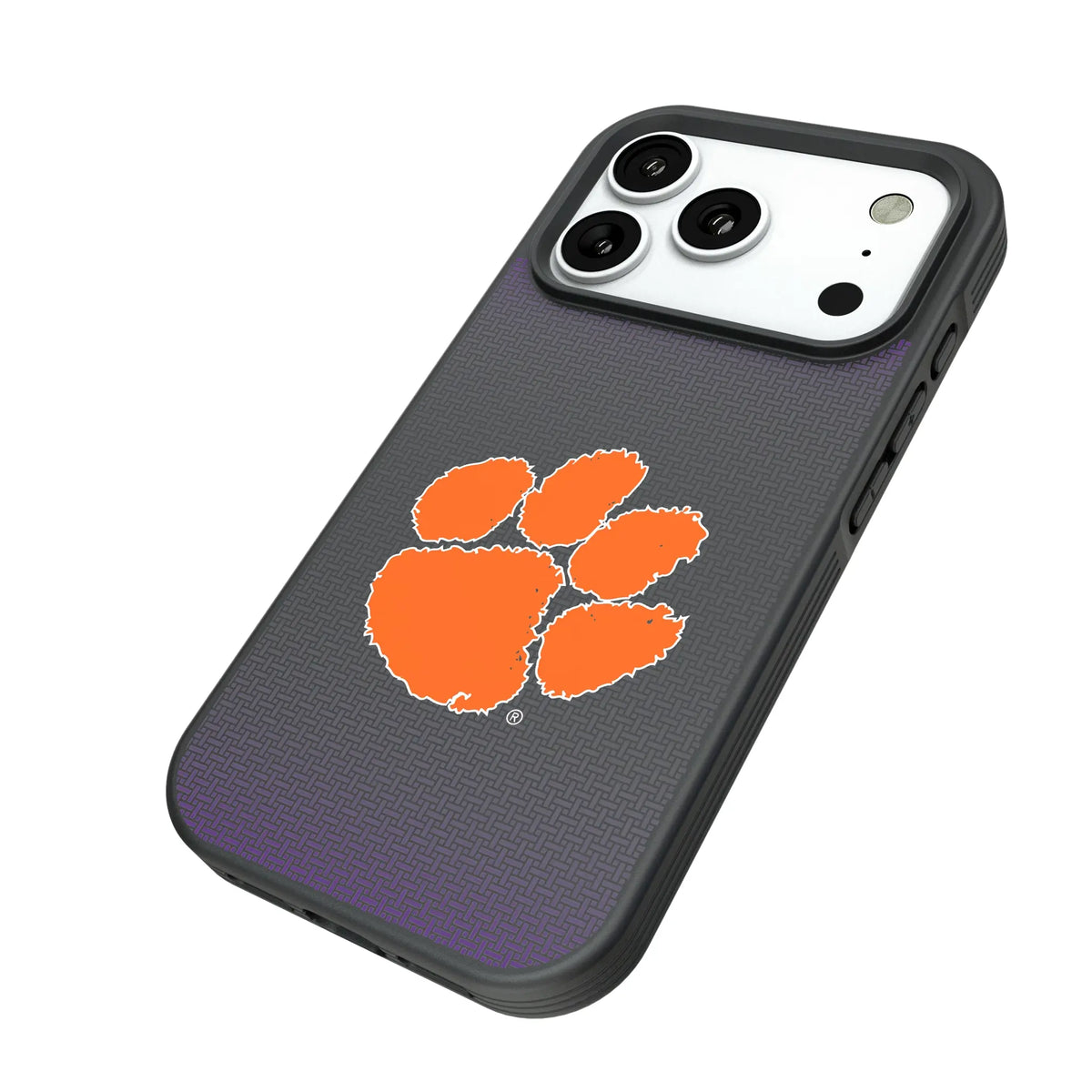 Clemson University Tigers Linen iPhone Bump Phone Case for Apple iPhone - Isometric View#Device_iPhone 18 Pro