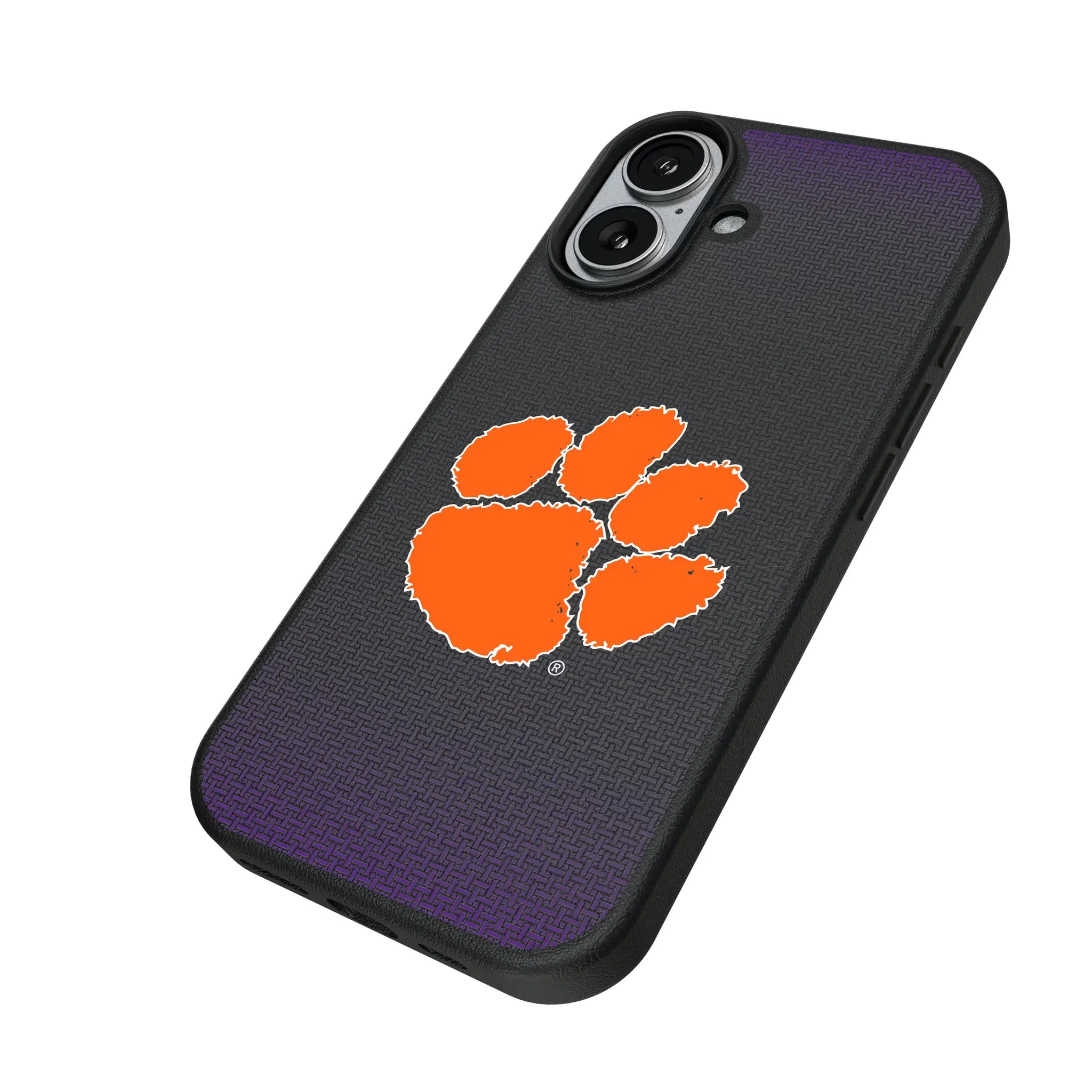 Clemson University Tigers Linen iPhone MagSafe Compatible Phone Case for Apple iPhone - Isometric View#Device_iPhone 17