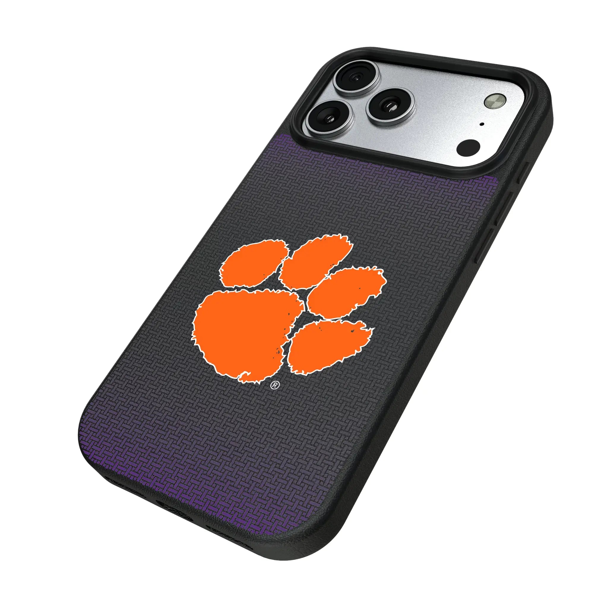 Clemson University Tigers Linen iPhone MagSafe Compatible Phone Case for Apple iPhone - Isometric View#Device_iPhone 17 Pro Max