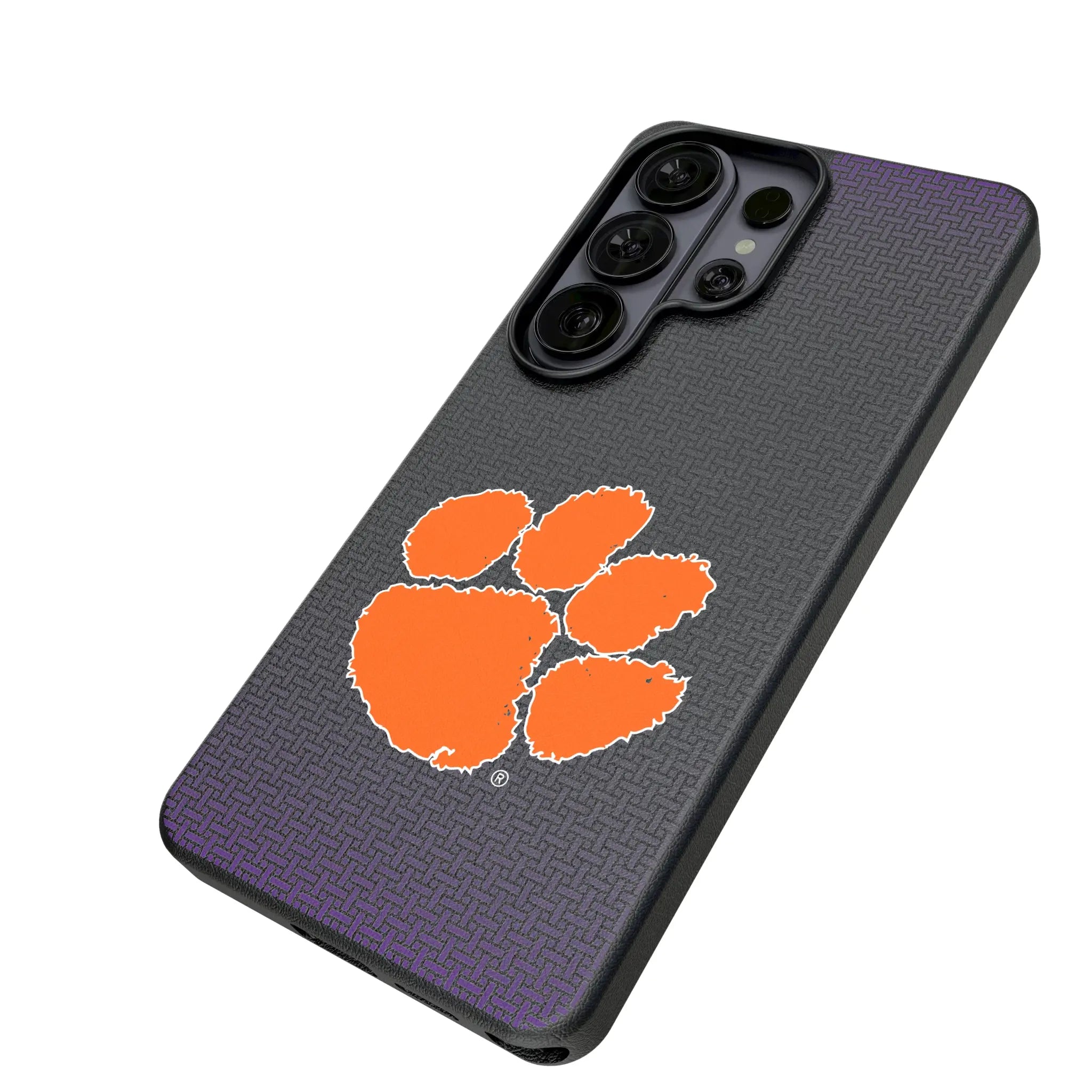 Clemson University Tigers Linen Galaxy MagSafe Compatible Phone Case for Samsung Galaxy - Isometric View#Device_Galaxy S26 Ultra