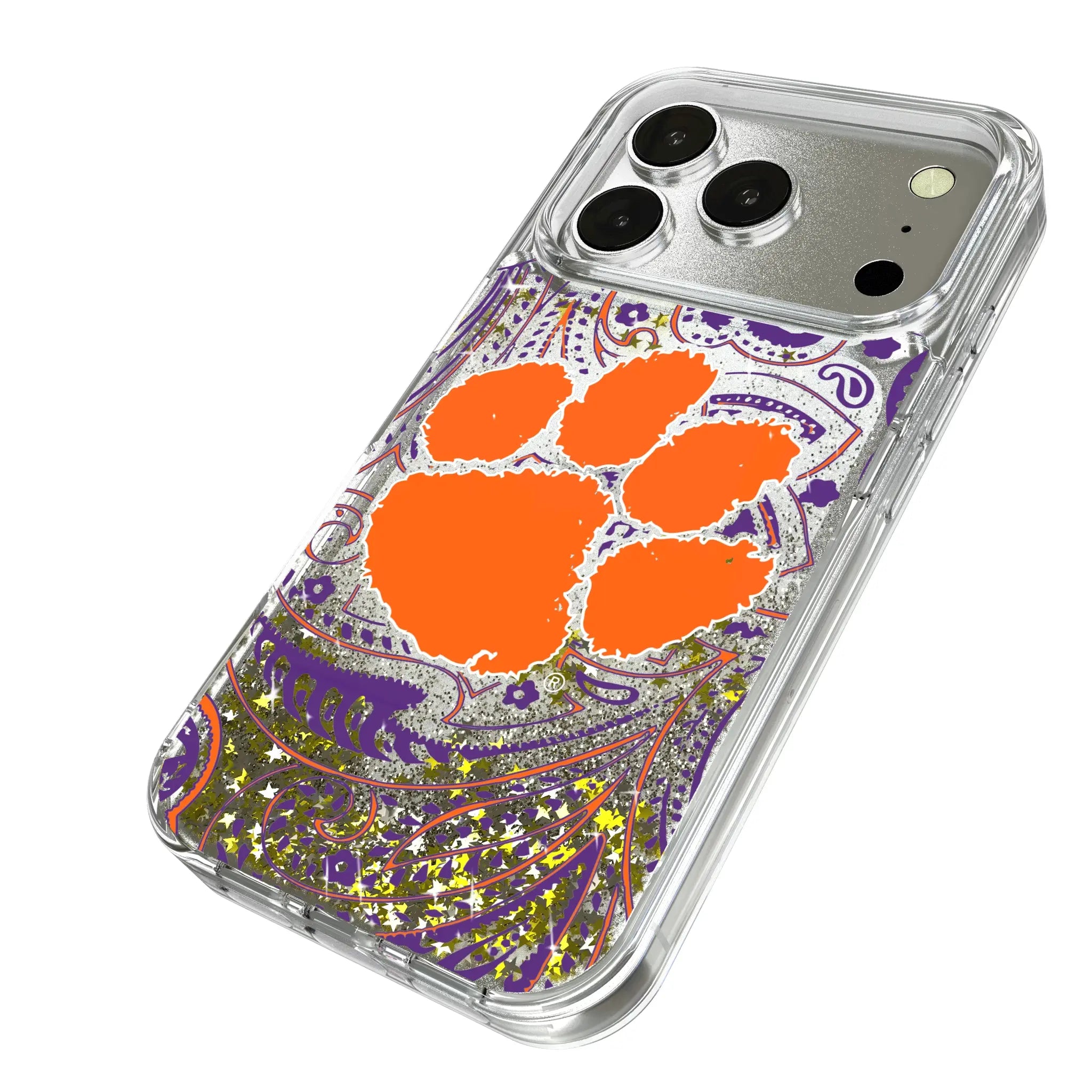Clemson University Tigers Paisley iPhone Glitter Phone Case for Apple iPhone - Isometric View