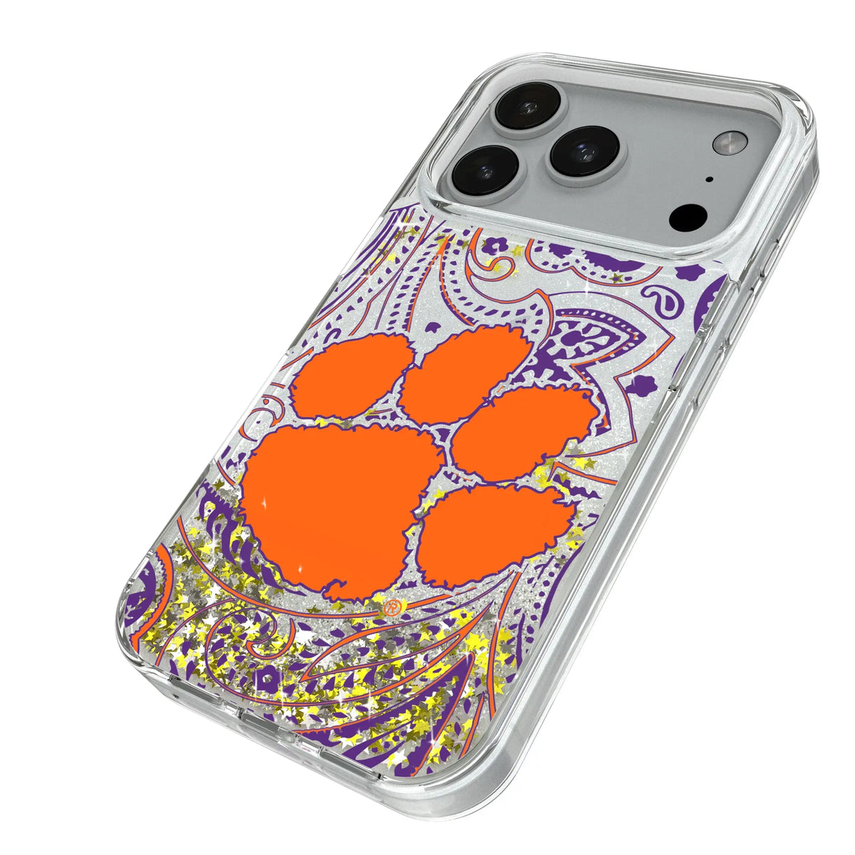 Clemson University Tigers Paisley iPhone Glitter Phone Case for Apple iPhone - Isometric View#Device_iPhone 18 Pro
