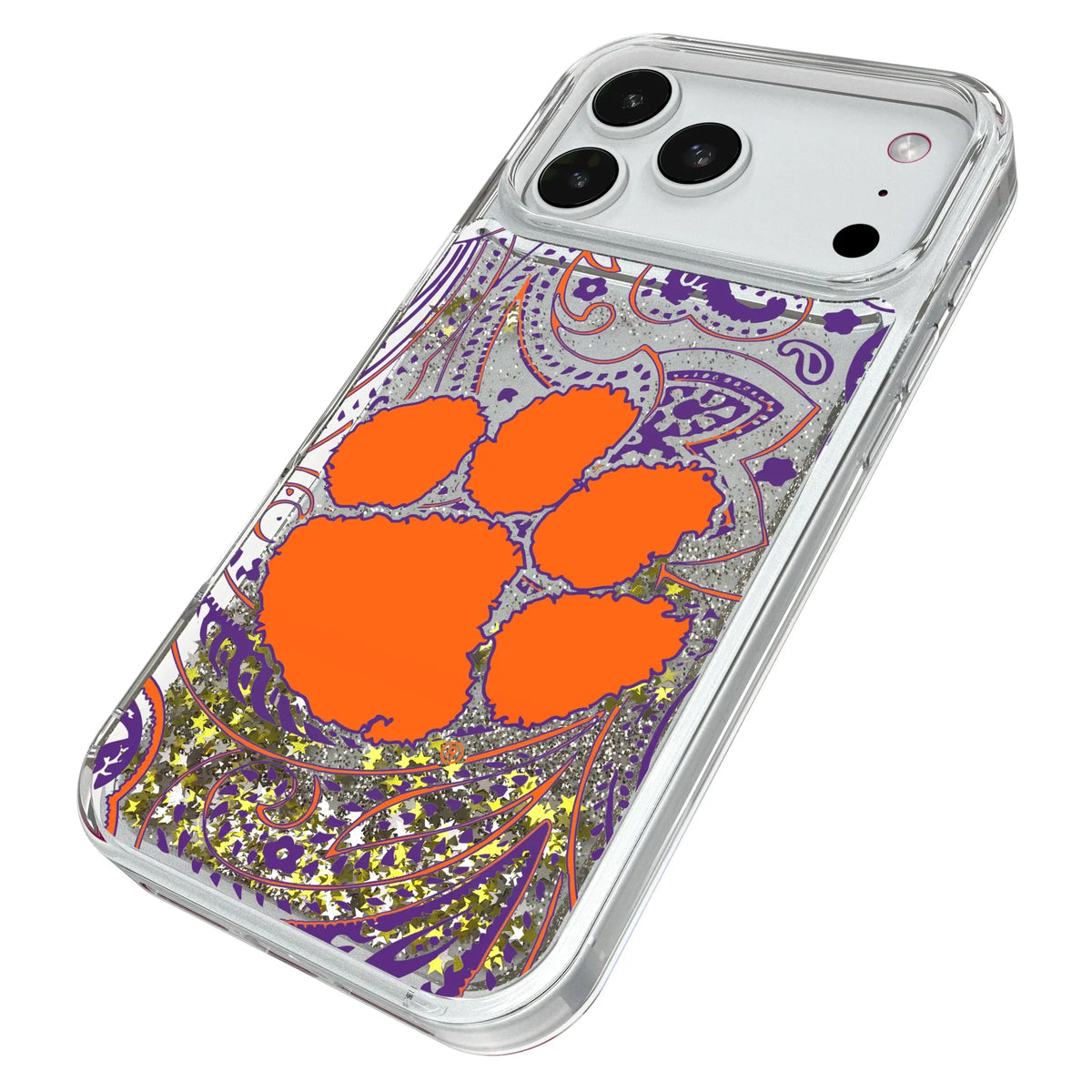 Clemson University Tigers Paisley iPhone Glitter Phone Case for Apple iPhone - Isometric View#Device_iPhone 18 Pro Max