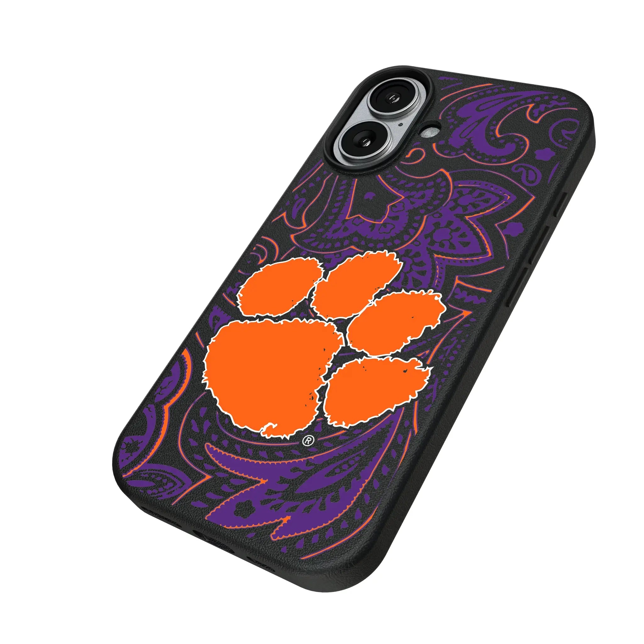Clemson University Tigers Paisley iPhone MagSafe Compatible Phone Case for Apple iPhone - Isometric View#Device_iPhone 17