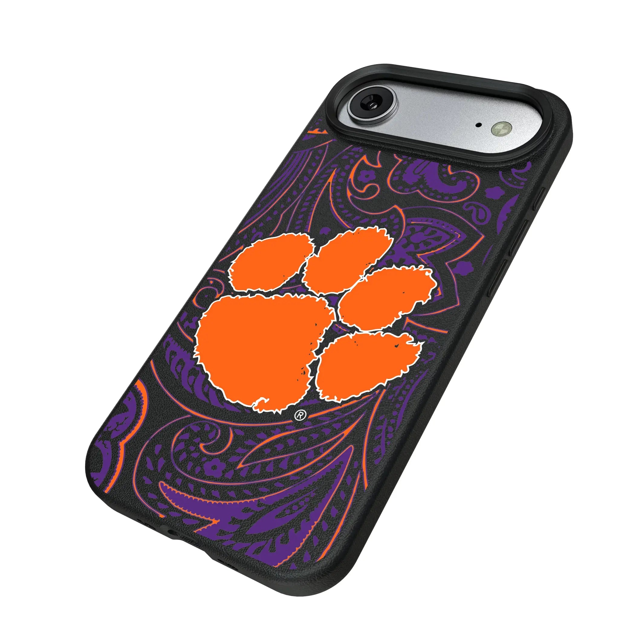 Clemson University Tigers Paisley iPhone MagSafe Compatible Phone Case for Apple iPhone - Isometric View#Device_iPhone Air