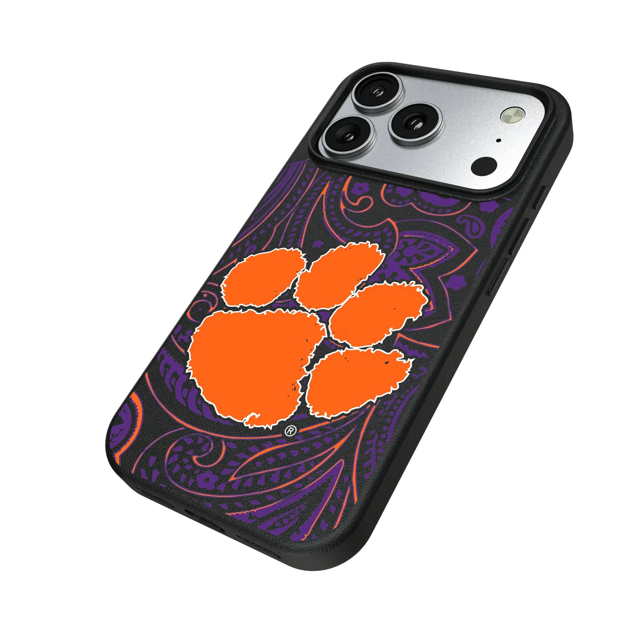 Clemson University Tigers Paisley iPhone MagSafe Compatible Phone Case for Apple iPhone - Isometric View#Device_iPhone 17 Pro