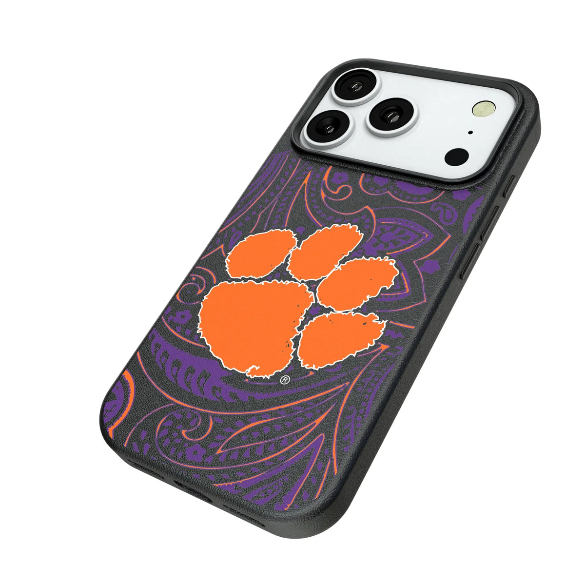 Clemson University Tigers Paisley iPhone MagSafe Compatible Phone Case for Apple iPhone - Isometric View#Device_iPhone 18 Pro
