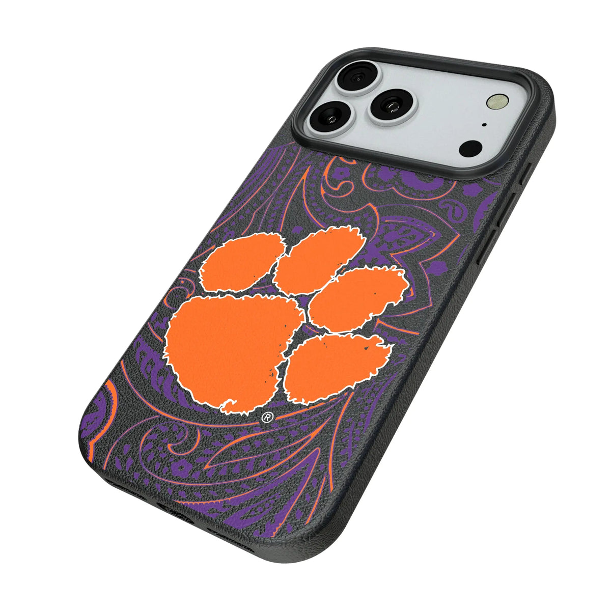 Clemson University Tigers Paisley iPhone MagSafe Compatible Phone Case for Apple iPhone - Isometric View#Device_iPhone 18 Pro Max