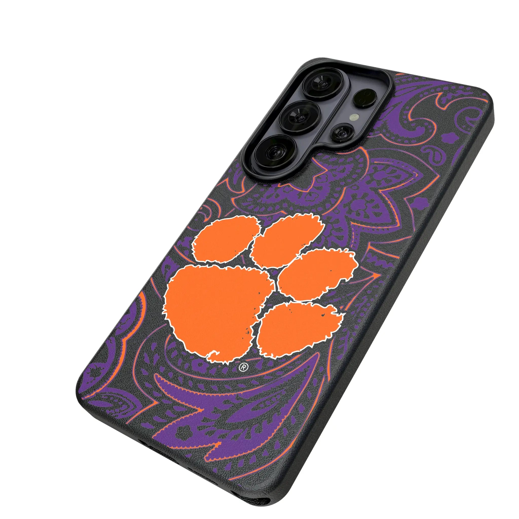 Clemson University Tigers Paisley Galaxy MagSafe Compatible Phone Case for Samsung Galaxy - Isometric View#Device_Galaxy S26 Ultra