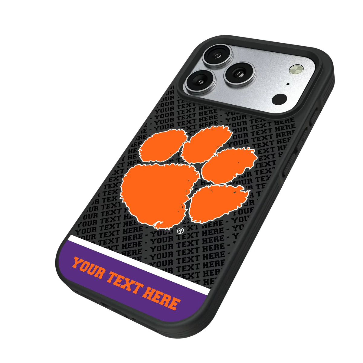 Clemson University Tigers Personalized EndZone Plus iPhone Bump Phone Case for Apple iPhone - Isometric View#Device_iPhone 17 Pro