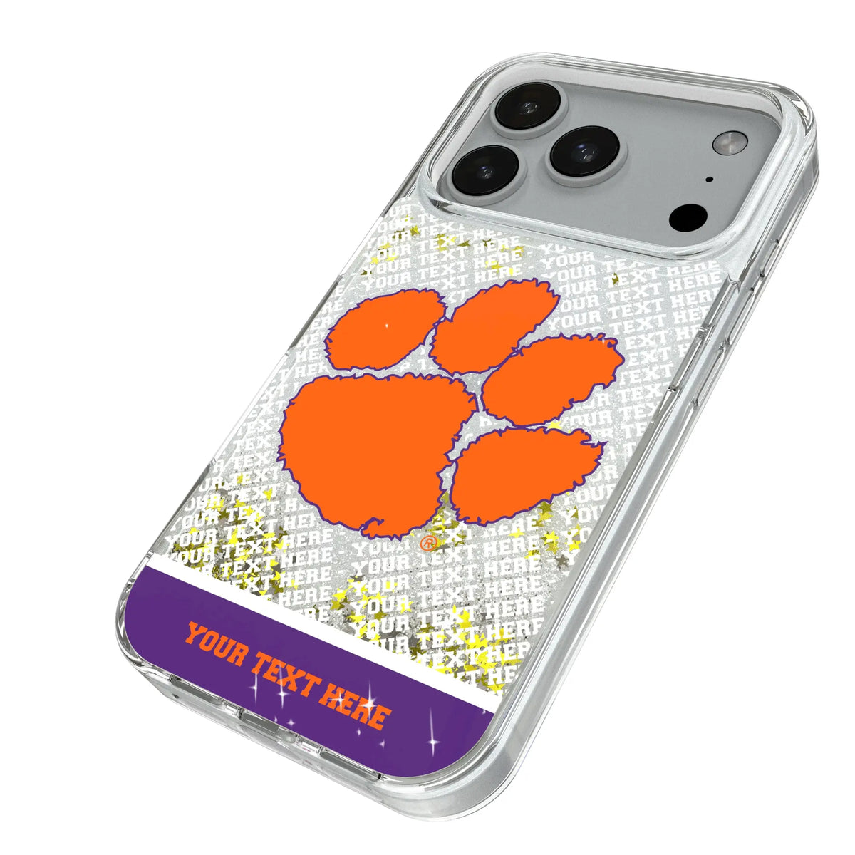 Clemson University Tigers Personalized EndZone Plus iPhone Glitter Phone Case for Apple iPhone - Isometric View#Device_iPhone 18 Pro