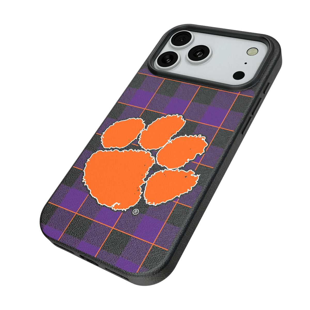 Clemson University Tigers Plaid iPhone MagSafe Compatible Phone Case for Apple iPhone - Isometric View#Device_iPhone 18 Pro Max