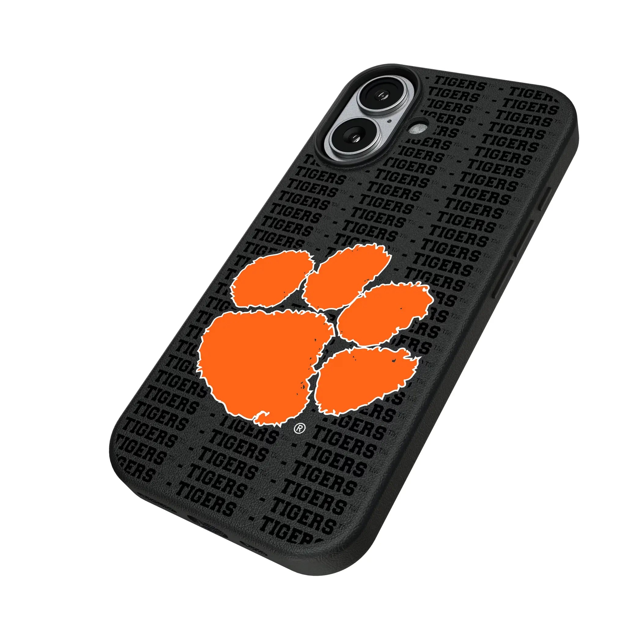 Clemson University Tigers Text Backdrop iPhone MagSafe Compatible Phone Case for Apple iPhone - Isometric View#Device_iPhone 17