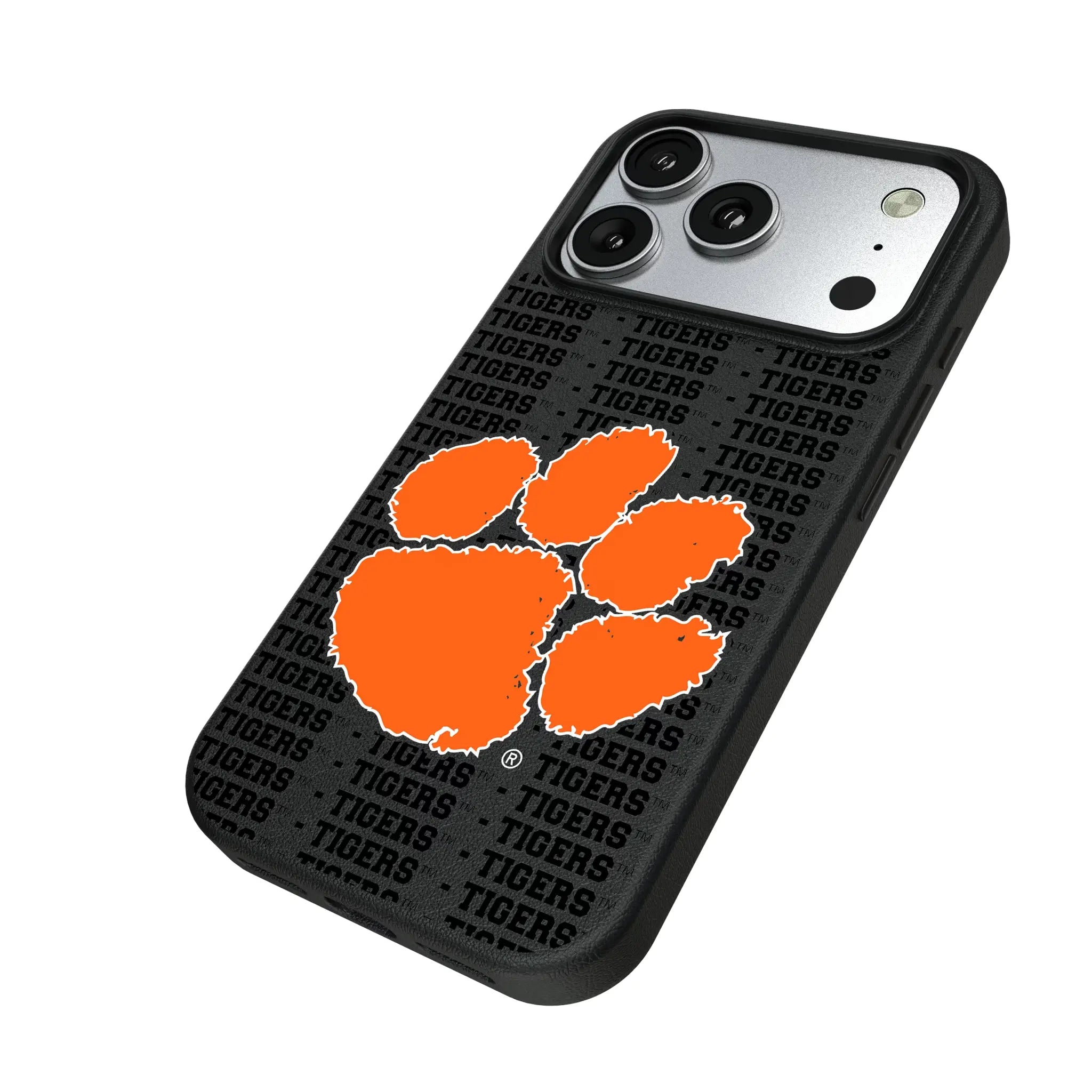 Clemson University Tigers Text Backdrop iPhone MagSafe Compatible Phone Case for Apple iPhone - Isometric View#Device_iPhone 17 Pro