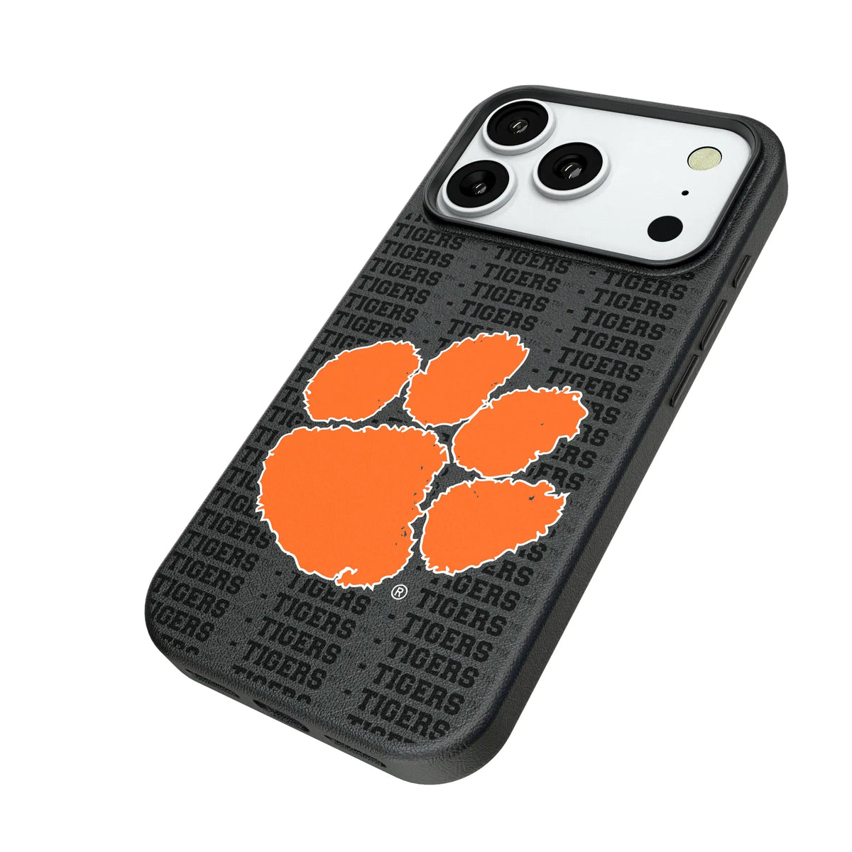 Clemson University Tigers Text Backdrop iPhone MagSafe Compatible Phone Case for Apple iPhone - Isometric View#Device_iPhone 18 Pro