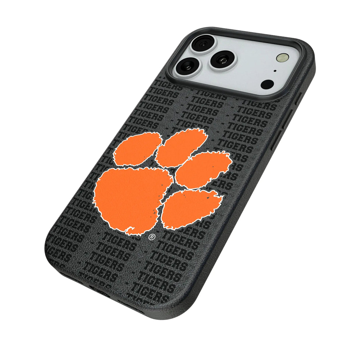 Clemson University Tigers Text Backdrop iPhone MagSafe Compatible Phone Case for Apple iPhone - Isometric View#Device_iPhone 18 Pro Max