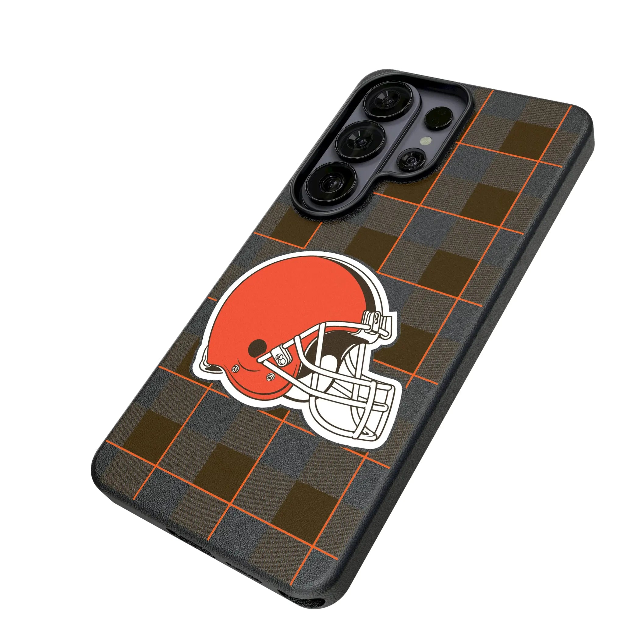 Cleveland Browns Plaid Galaxy MagSafe Compatible Phone Case for Samsung Galaxy - Isometric View#Device_Galaxy S26 Ultra