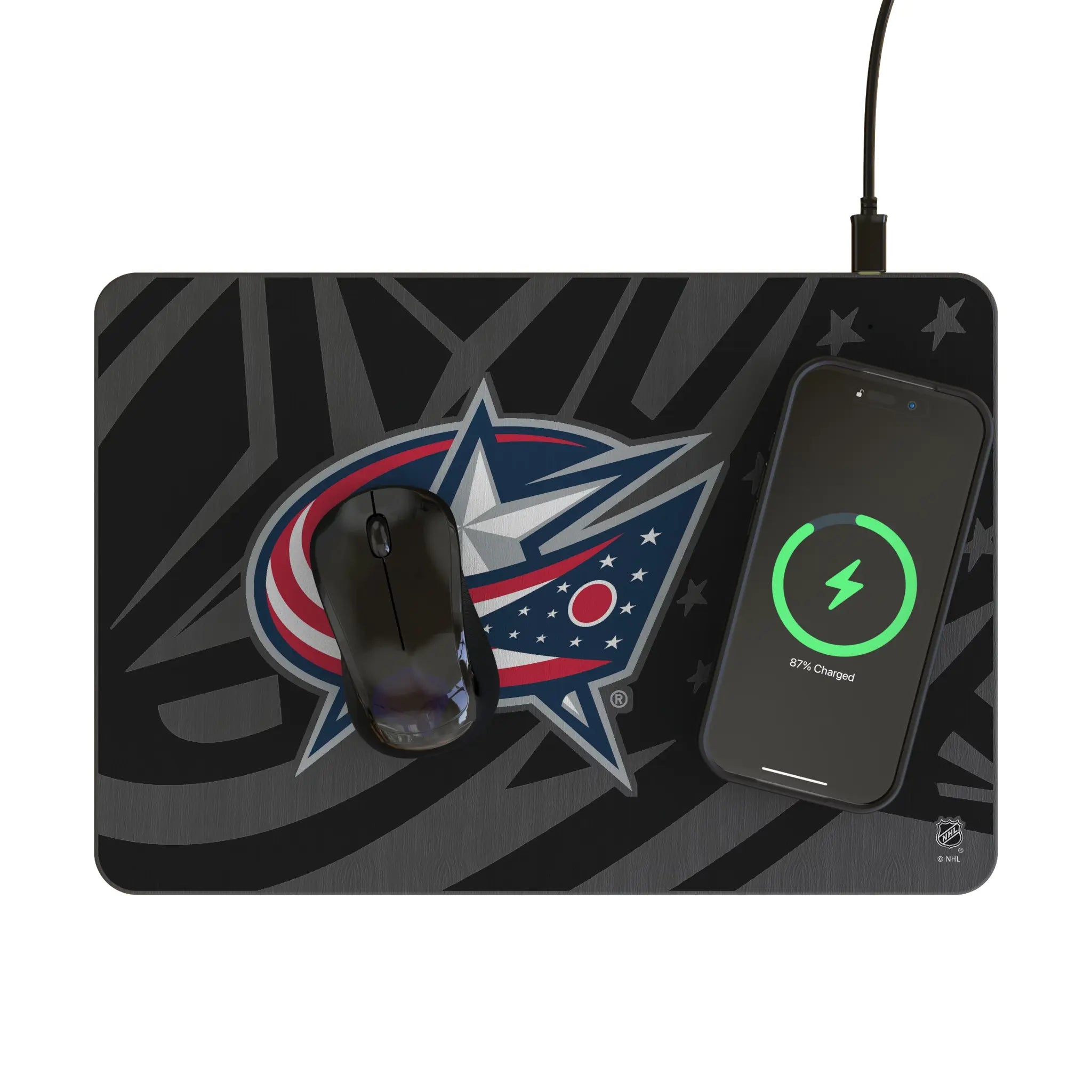 Columbus Blue Jackets Personalized Tilt 15-Watt Wireless Charger and Mouse Pad - Lifestyle