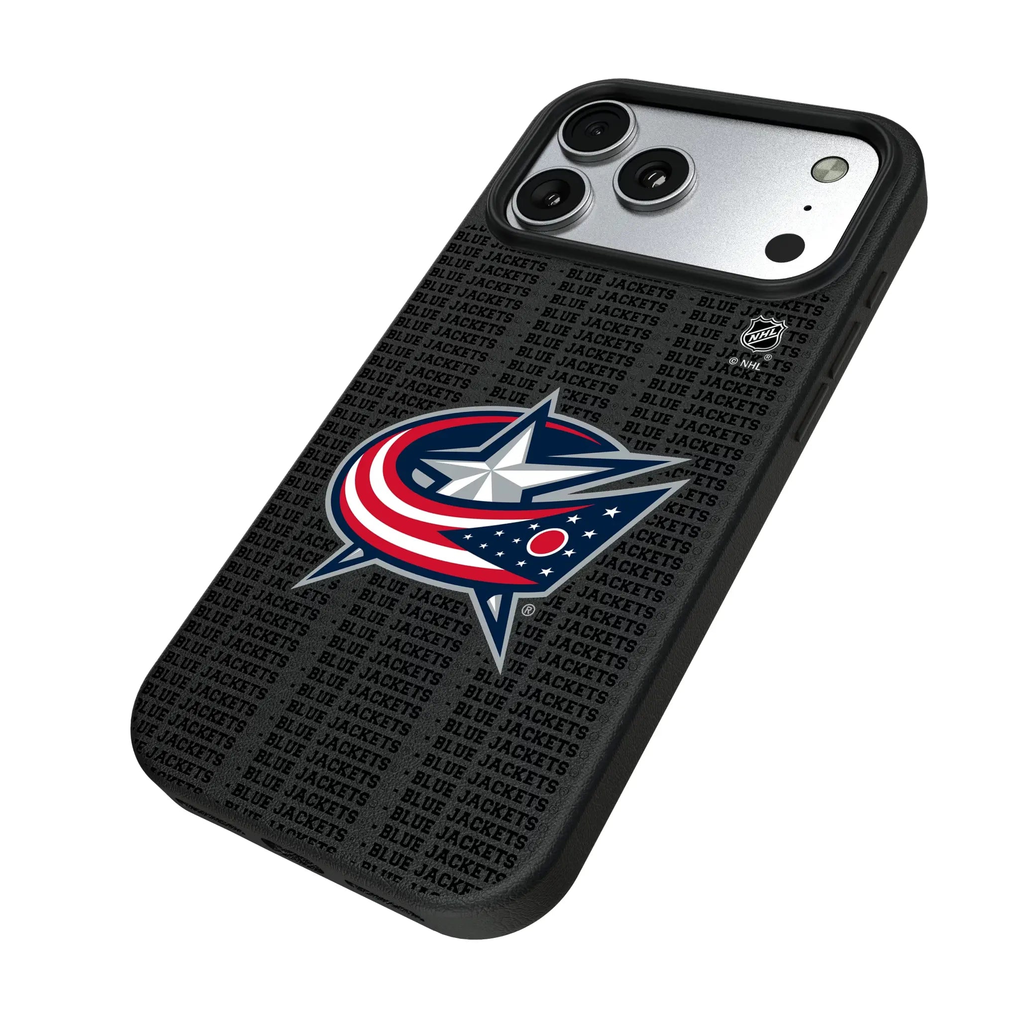 Columbus Blue Jackets Text Backdrop iPhone MagSafe Compatible Phone Case for Apple iPhone - Isometric View#Device_iPhone 17 Pro Max
