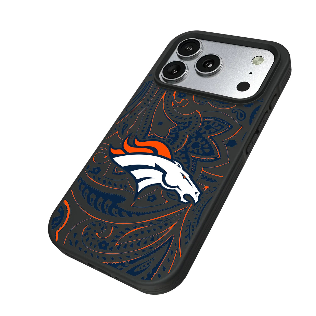 Denver Broncos Paisley iPhone Bump Phone Case for Apple iPhone - Isometric View#Device_iPhone 17 Pro