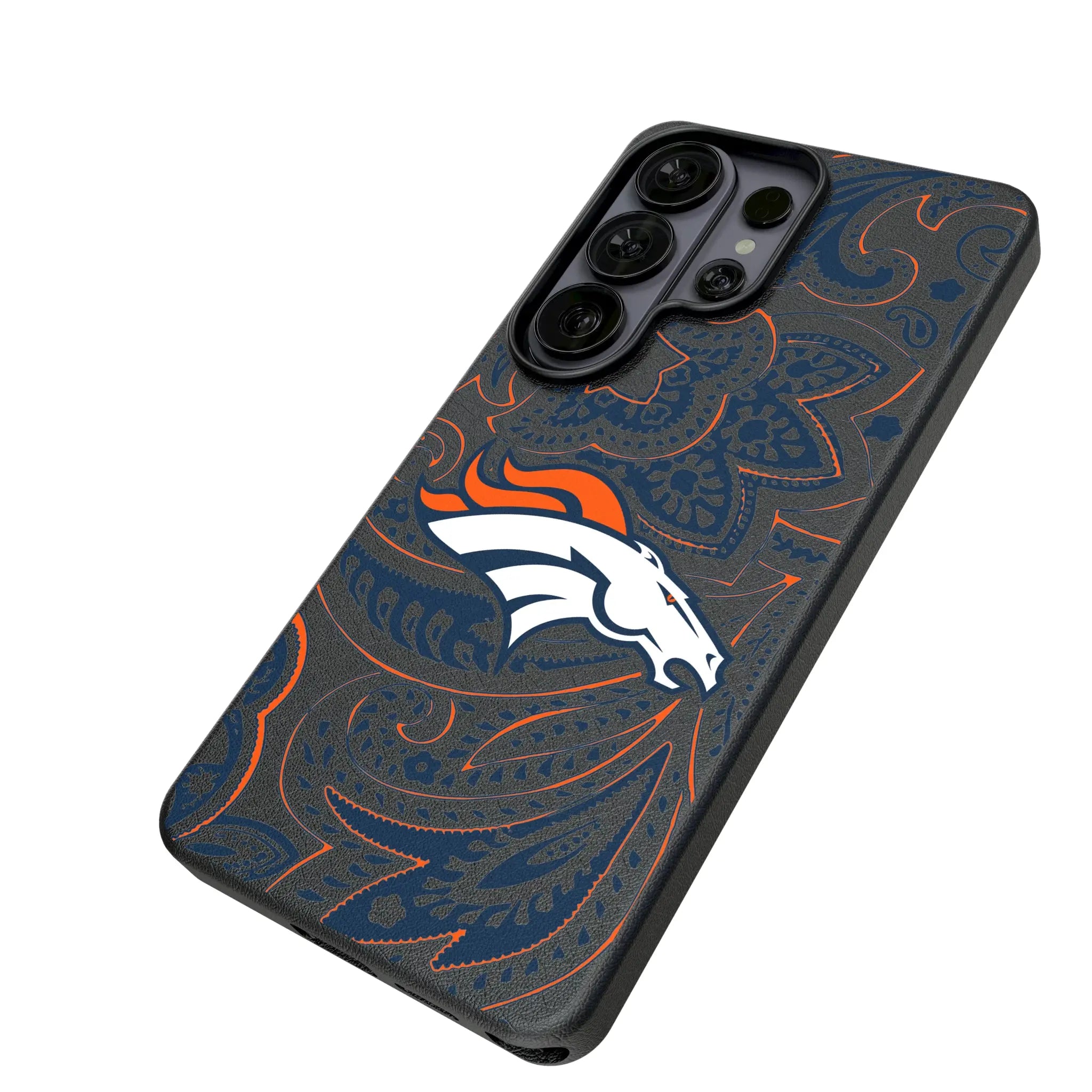 Denver Broncos Paisley Galaxy MagSafe Compatible Phone Case for Samsung Galaxy - Isometric View#Device_Galaxy S26 Ultra