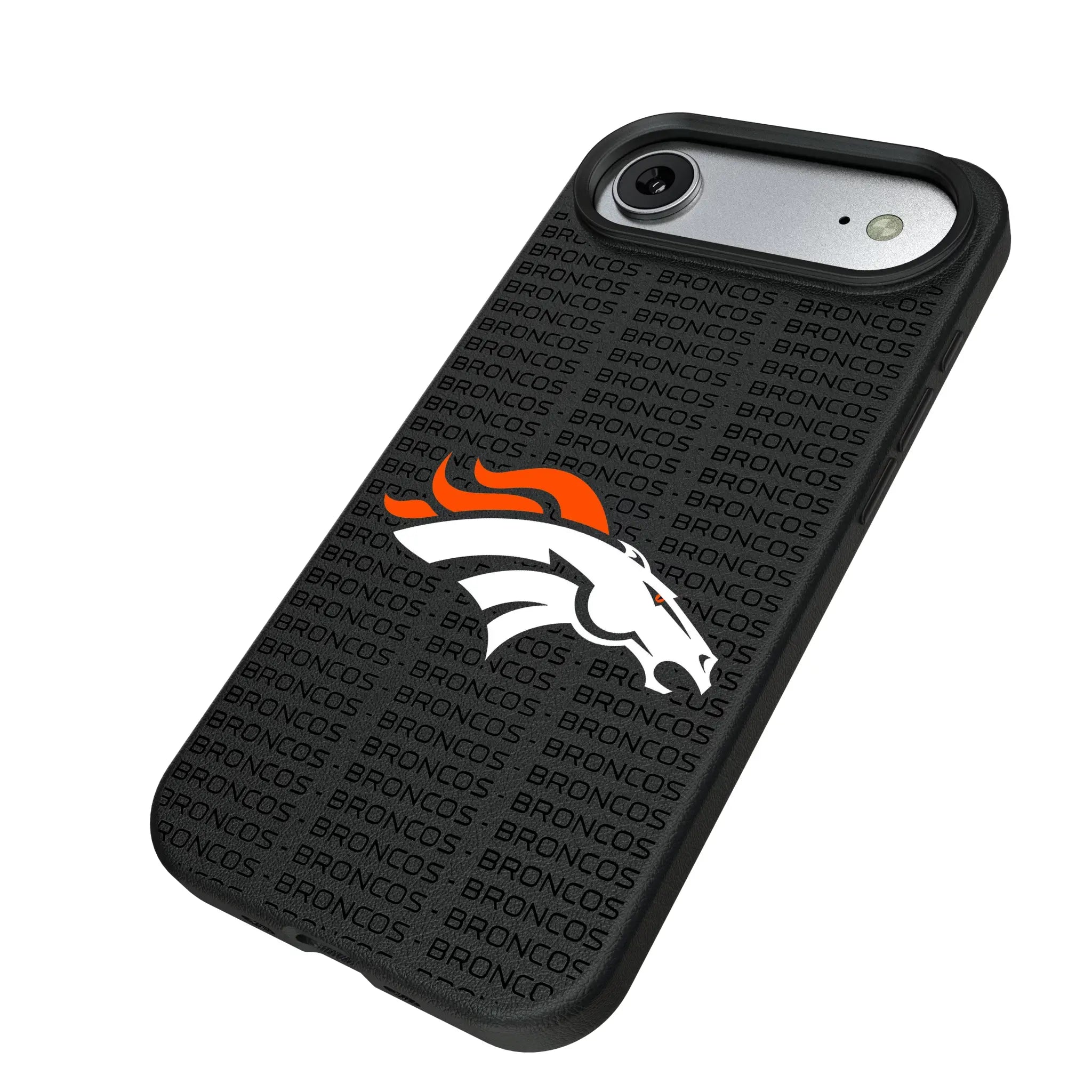 Denver Broncos Text Backdrop iPhone MagSafe Compatible Phone Case for Apple iPhone - Isometric View#Device_iPhone Air