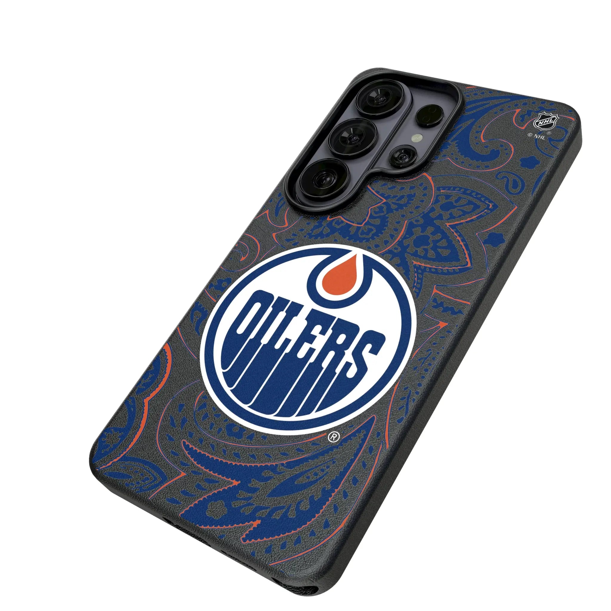 Edmonton Oilers Paisley Galaxy MagSafe Compatible Phone Case for Samsung Galaxy - Isometric View#Device_Galaxy S26 Ultra