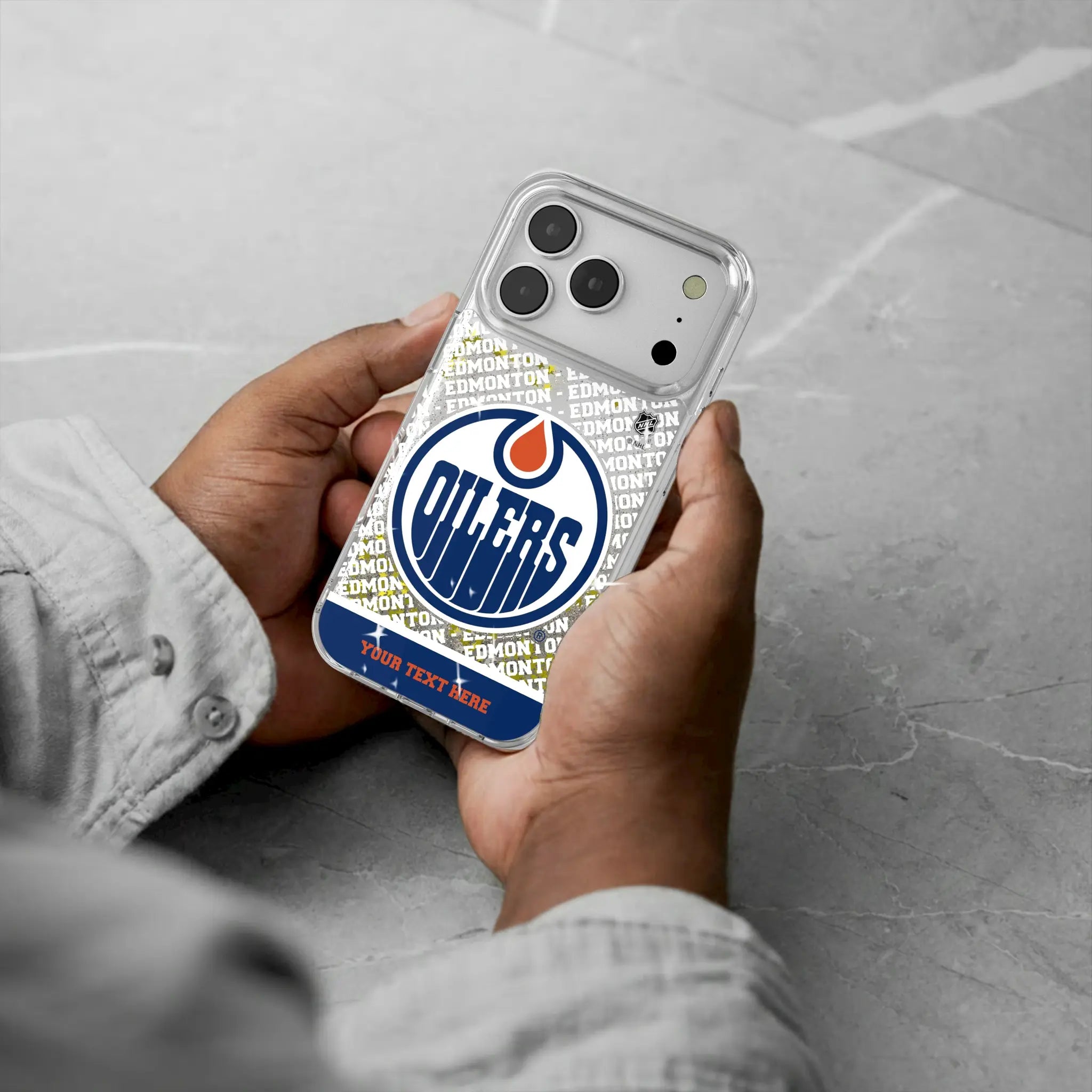 Edmonton Oilers Personalized EndZone Plus iPhone Glitter Phone Case for Apple iPhone - Lifestyle#Device_iPhone 17 Pro