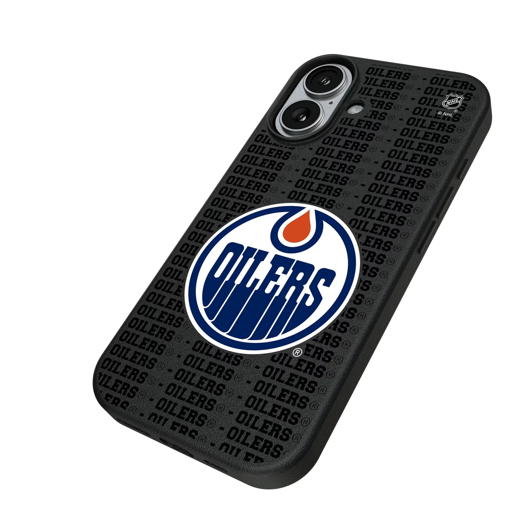 Edmonton Oilers Text Backdrop iPhone MagSafe Compatible Phone Case for Apple iPhone - Isometric View#Device_iPhone 17