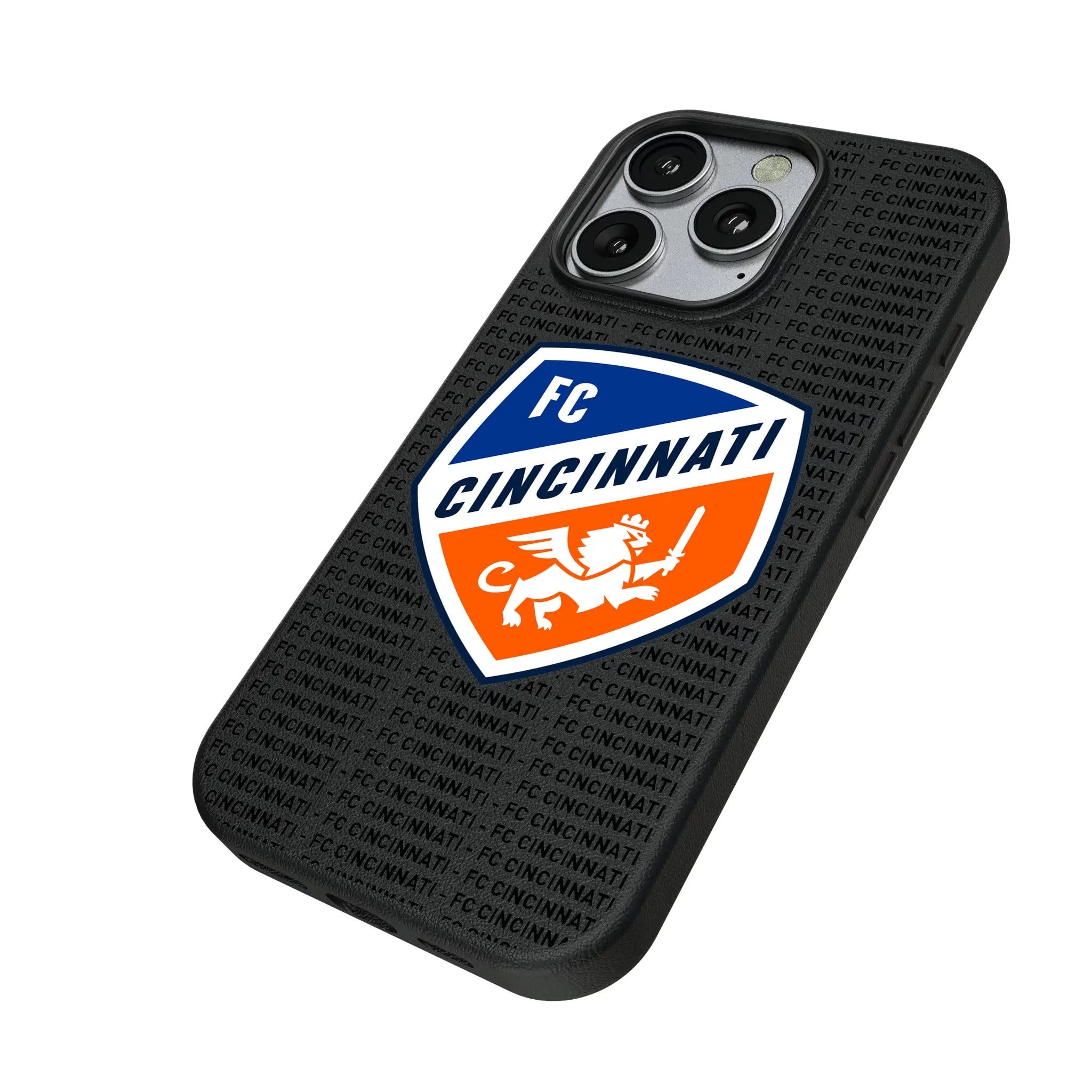 FC Cincinnati Text Backdrop iPhone MagSafe Compatible Phone Case for Apple iPhone - Isometric View