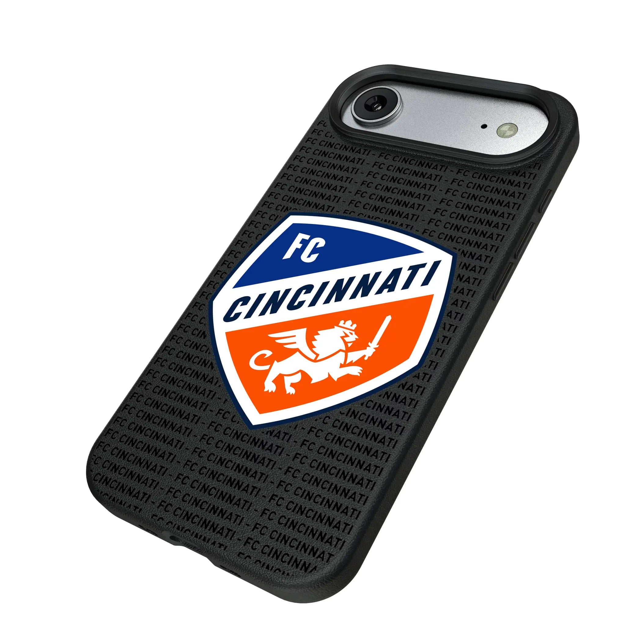FC Cincinnati Text Backdrop iPhone MagSafe Compatible Phone Case for Apple iPhone - Isometric View#Device_iPhone Air