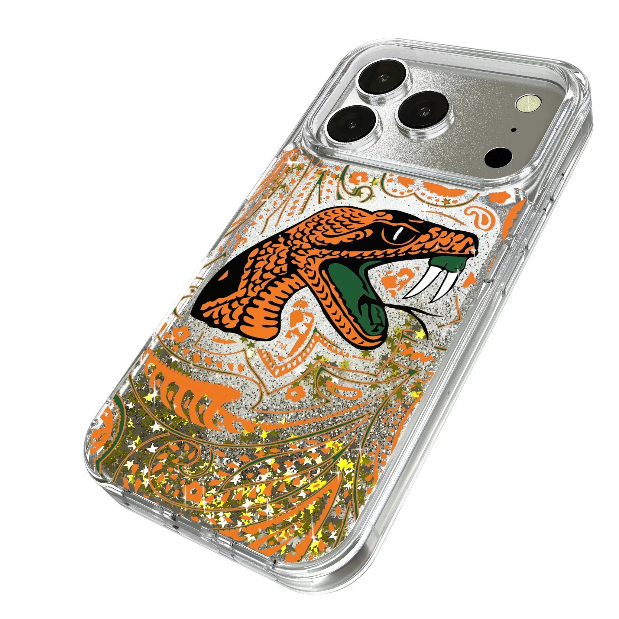 Florida A&M University Rattlers Paisley iPhone Glitter Phone Case for Apple iPhone - Isometric View