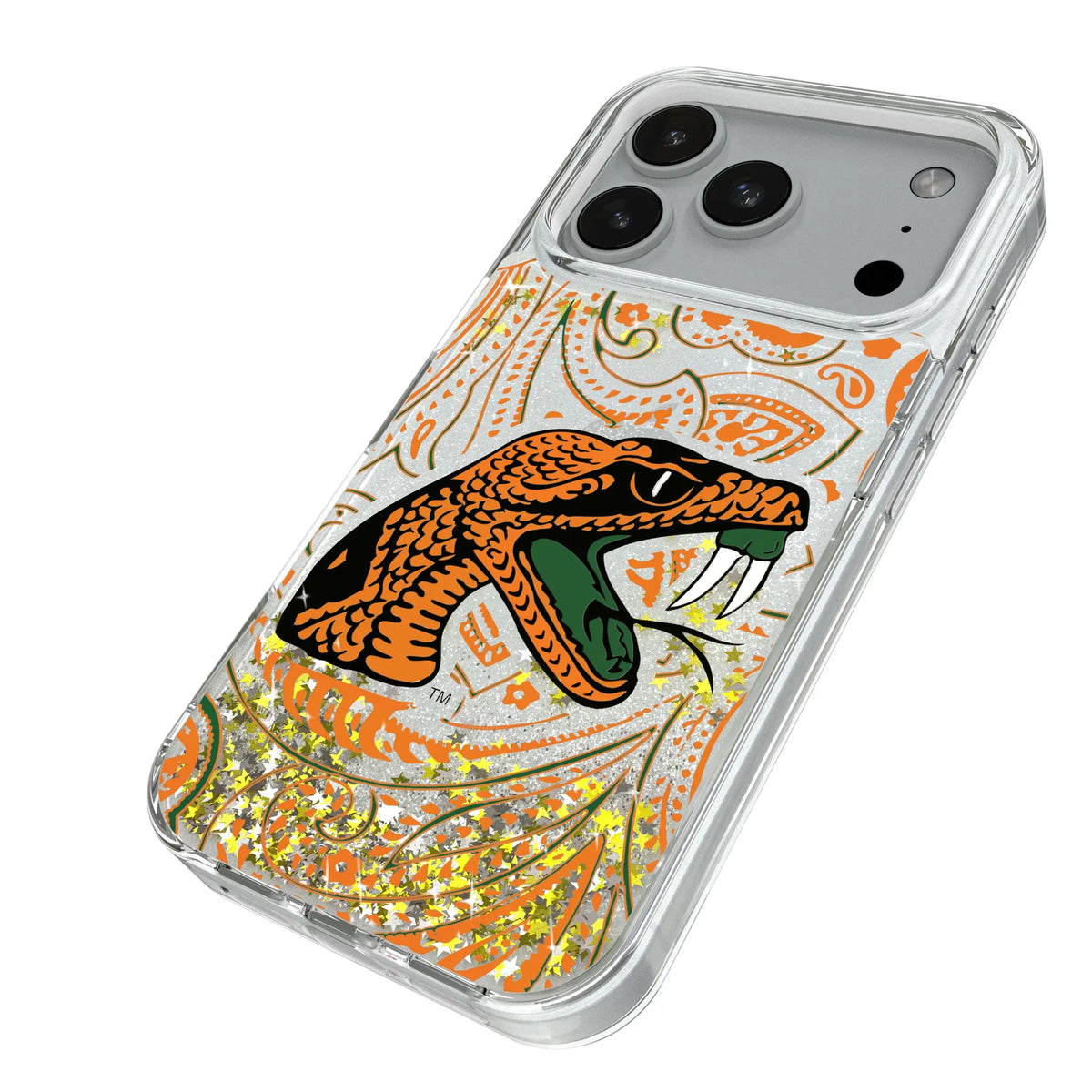 Florida A&M University Rattlers Paisley iPhone Glitter Phone Case for Apple iPhone - Isometric View#Device_iPhone 18 Pro