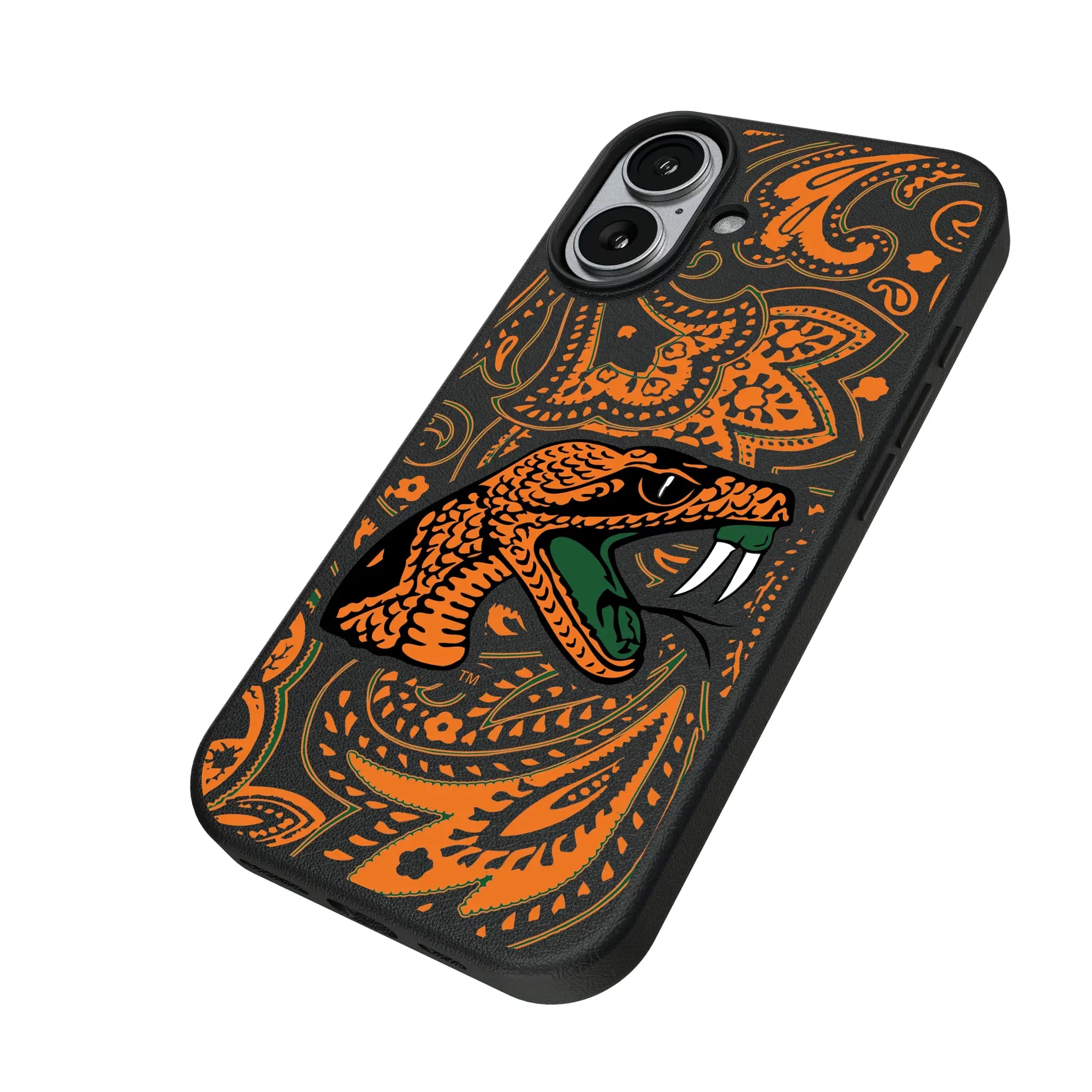 Florida A&M University Rattlers Paisley iPhone MagSafe Compatible Phone Case for Apple iPhone - Isometric View#Device_iPhone 17