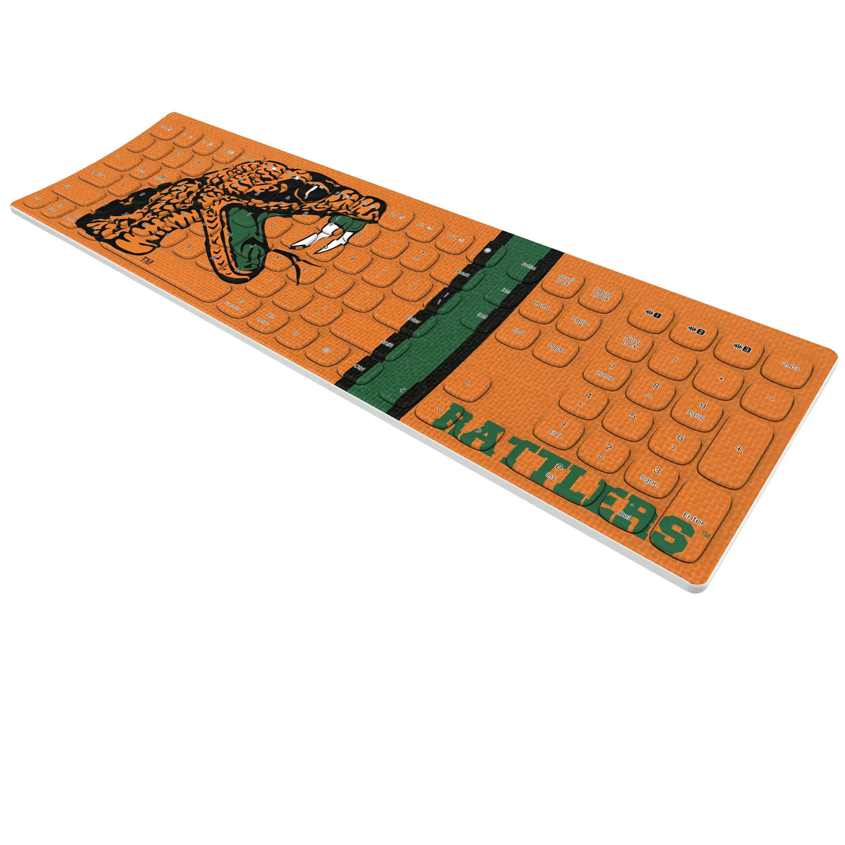 Florida A&M University Rattlers Stripe KKB605 Curved Wireless Keyboard - Isometric View