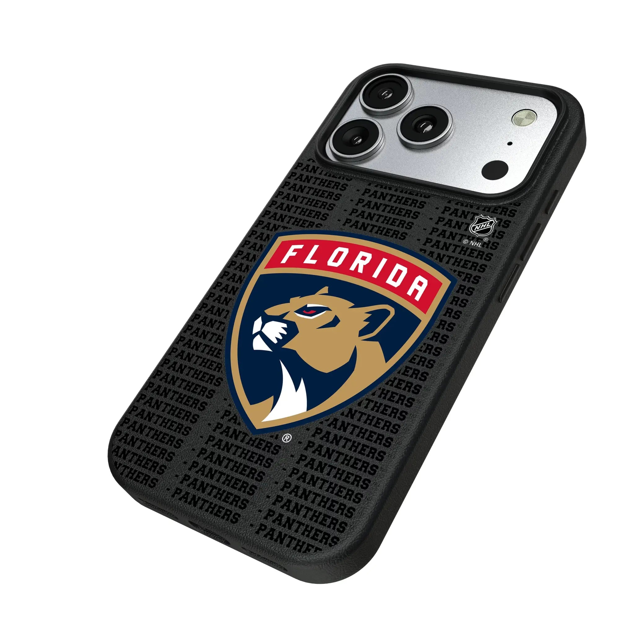 Florida Panthers Text Backdrop iPhone MagSafe Compatible Phone Case for Apple iPhone - Isometric View#Device_iPhone 17 Pro