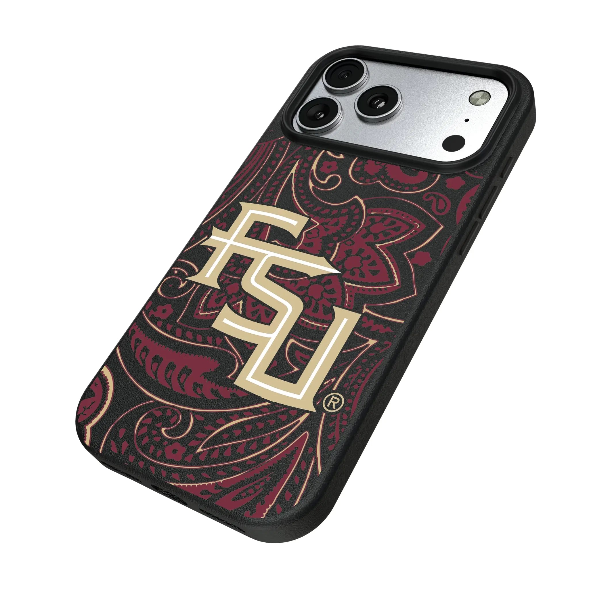 Florida State University Seminoles Athletic Wordmark Paisley iPhone MagSafe Compatible Phone Case for Apple iPhone - Isometric View#Device_iPhone 17 Pro Max