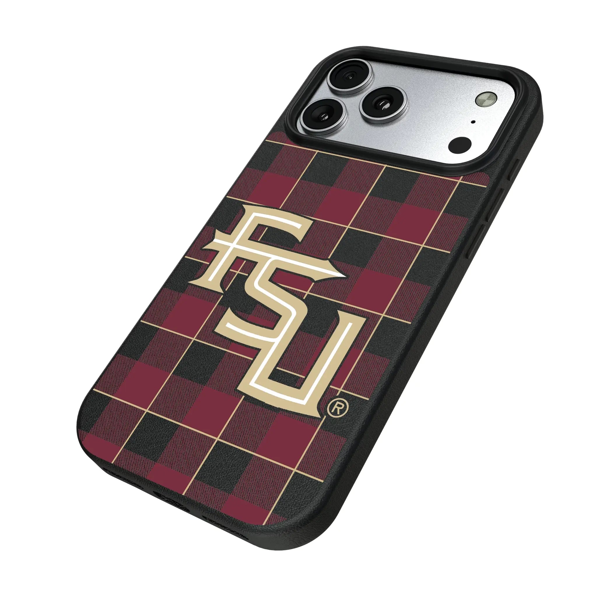 Florida State University Seminoles Athletic Wordmark Plaid iPhone MagSafe Compatible Phone Case for Apple iPhone - Isometric View#Device_iPhone 17 Pro Max