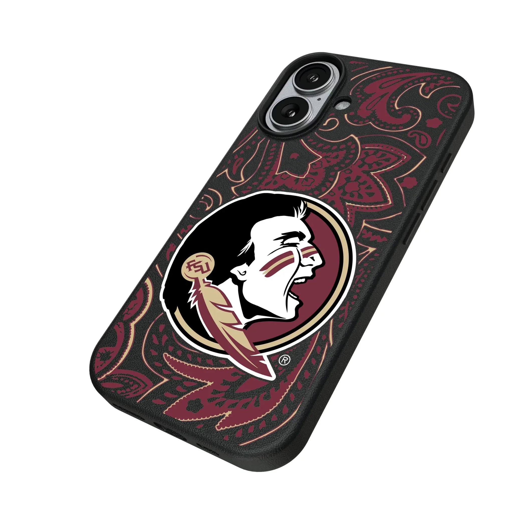 Florida State University Seminoles Paisley iPhone MagSafe Compatible Phone Case for Apple iPhone - Isometric View#Device_iPhone 17